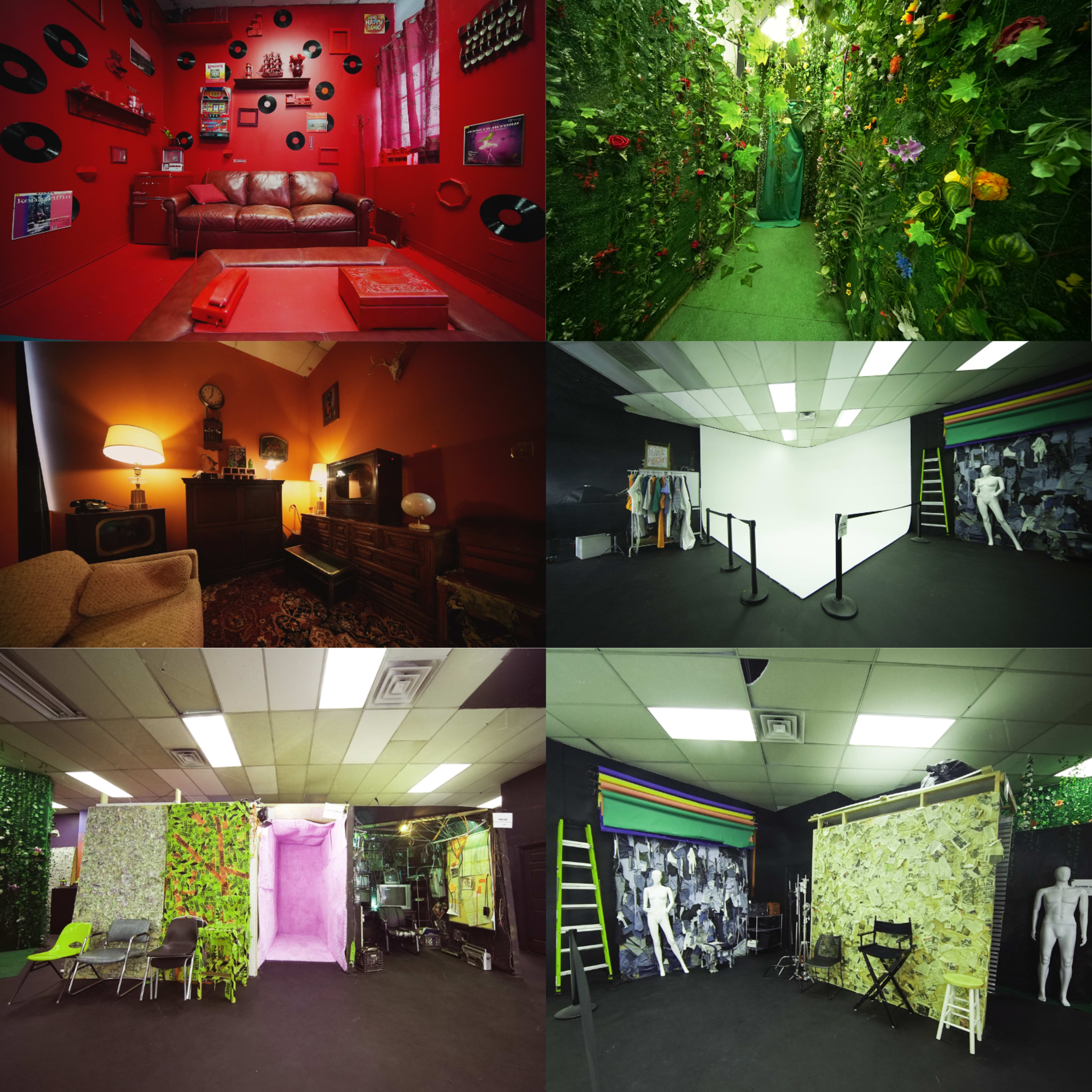 A collage of six distinct rooms, each featuring various design elements such as vibrant colors, plants, retro furniture, and props for creative setups.