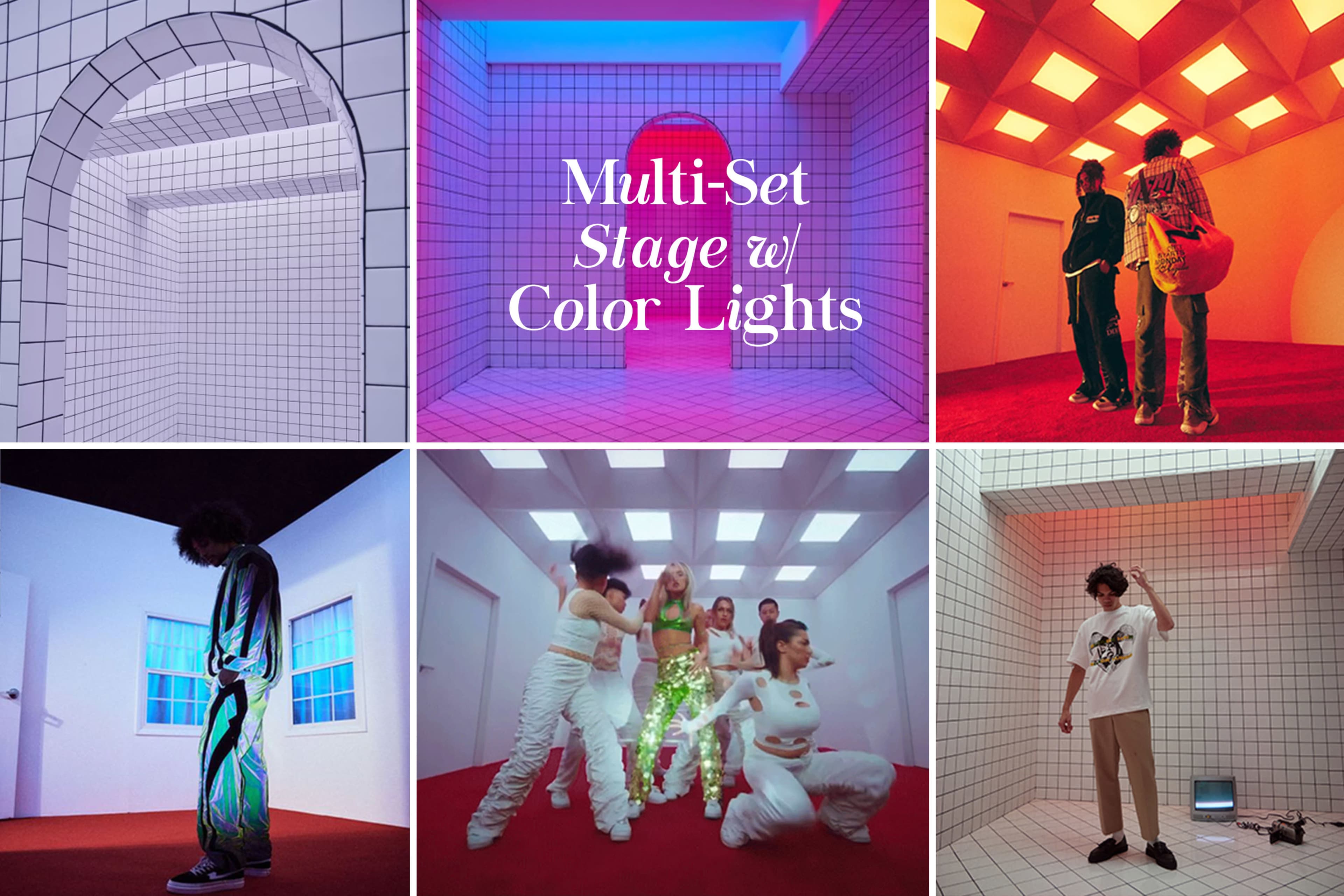 The image showcases different brightly lit rooms with geometric designs, featuring various people interacting in each space.