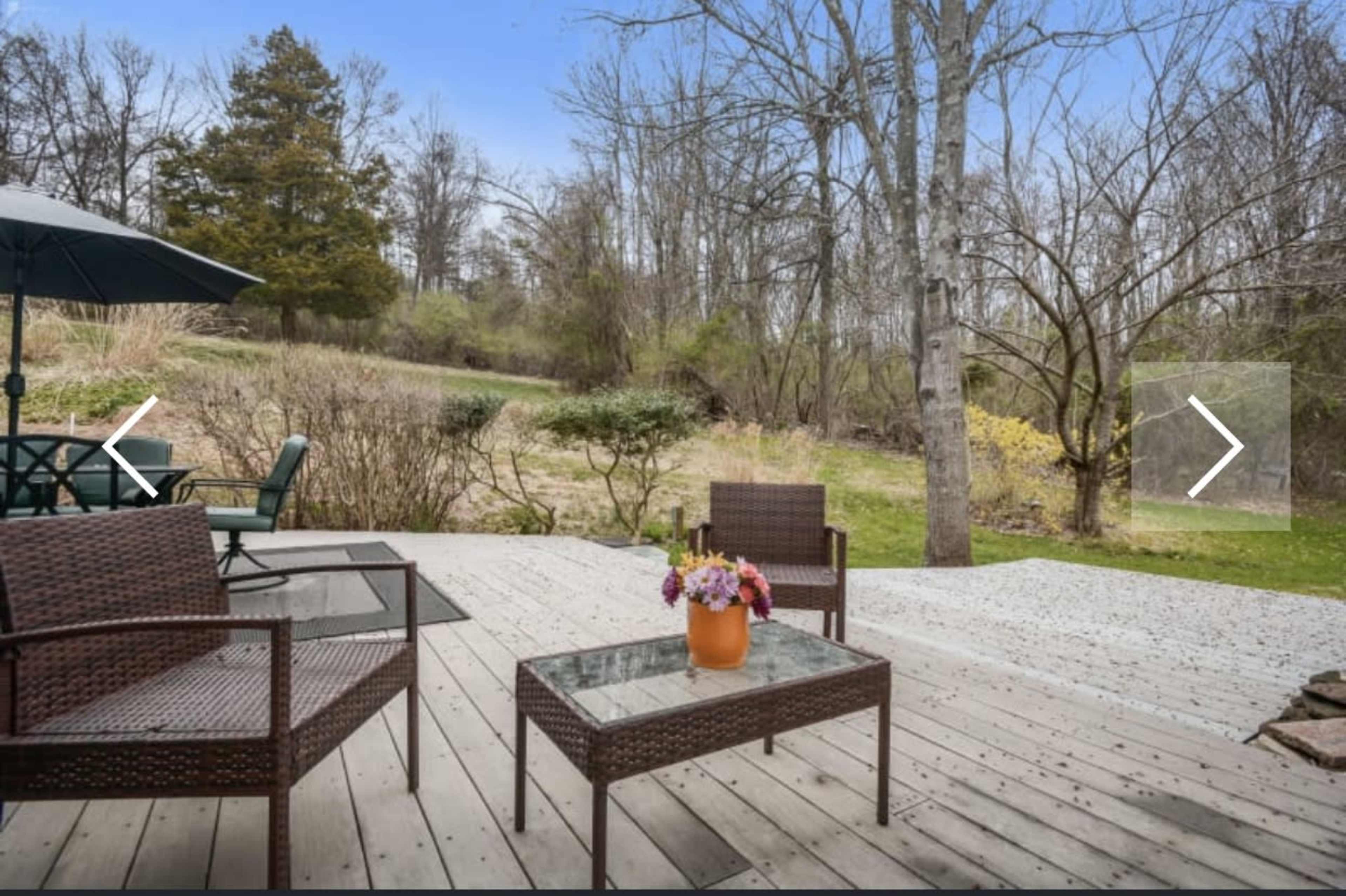 A wooden deck features two wicker chairs and a coffee table with a flower arrangement, overlooking a natural landscape with trees and shrubs.