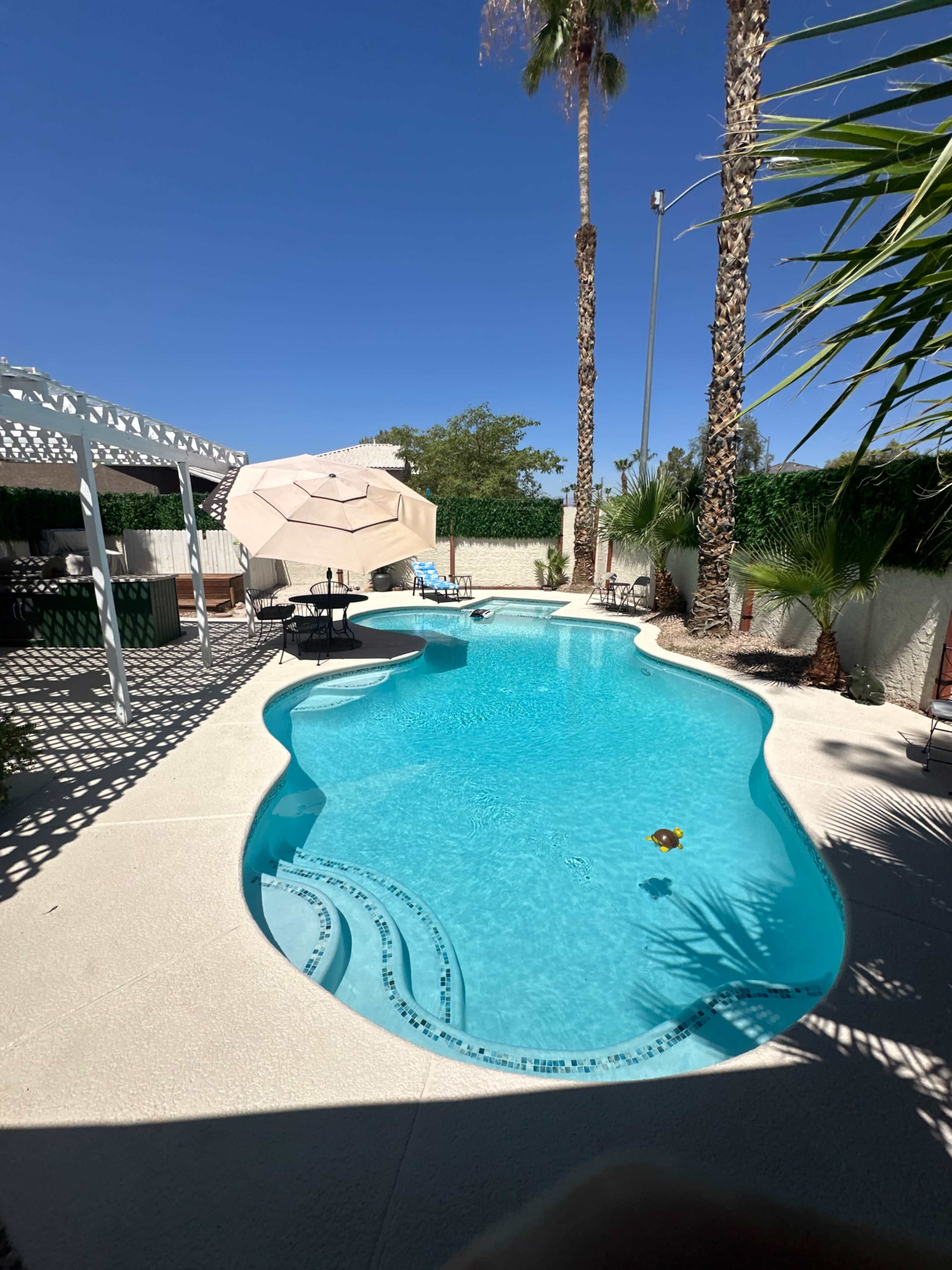 The image shows a clear blue swimming pool surrounded by palm trees, lounge chairs, and an umbrella in a landscaped outdoor area.