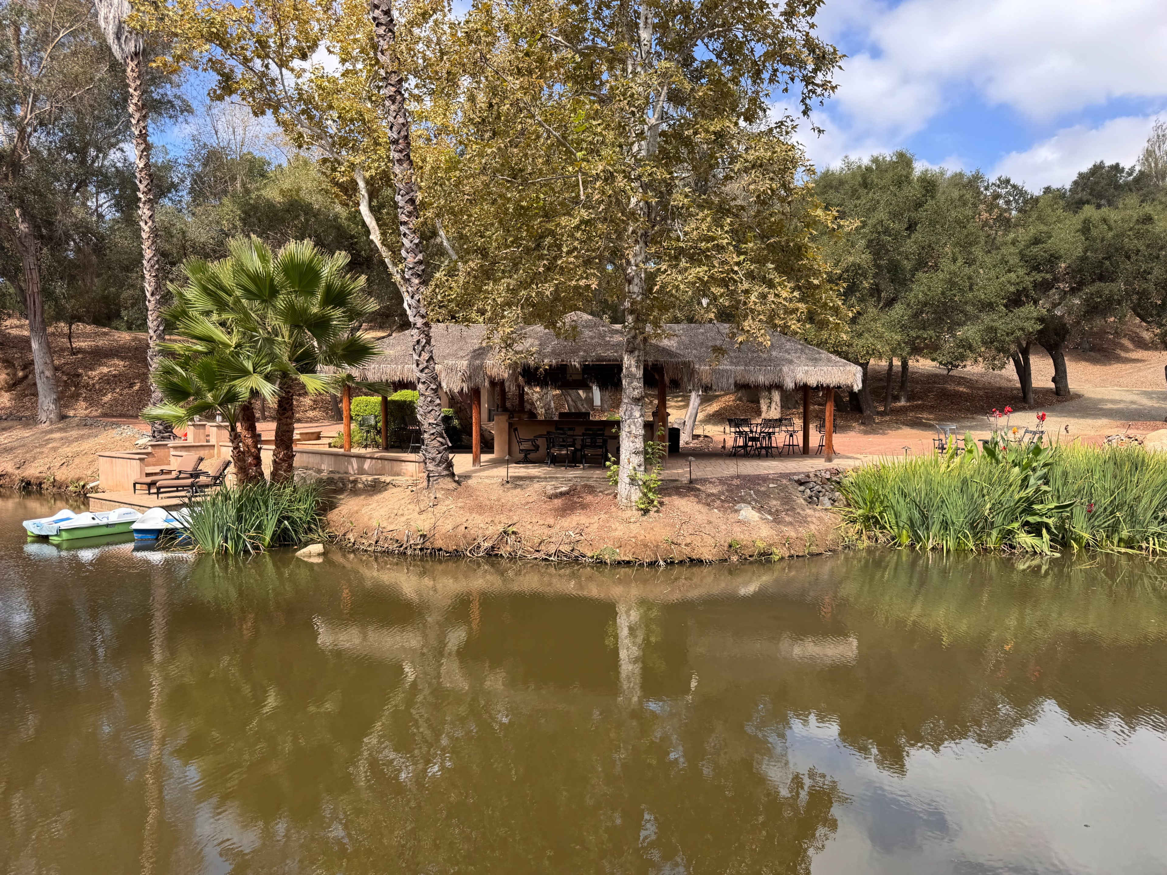 A thatched-roof structure sits by a calm pond, surrounded by palm trees and green vegetation.