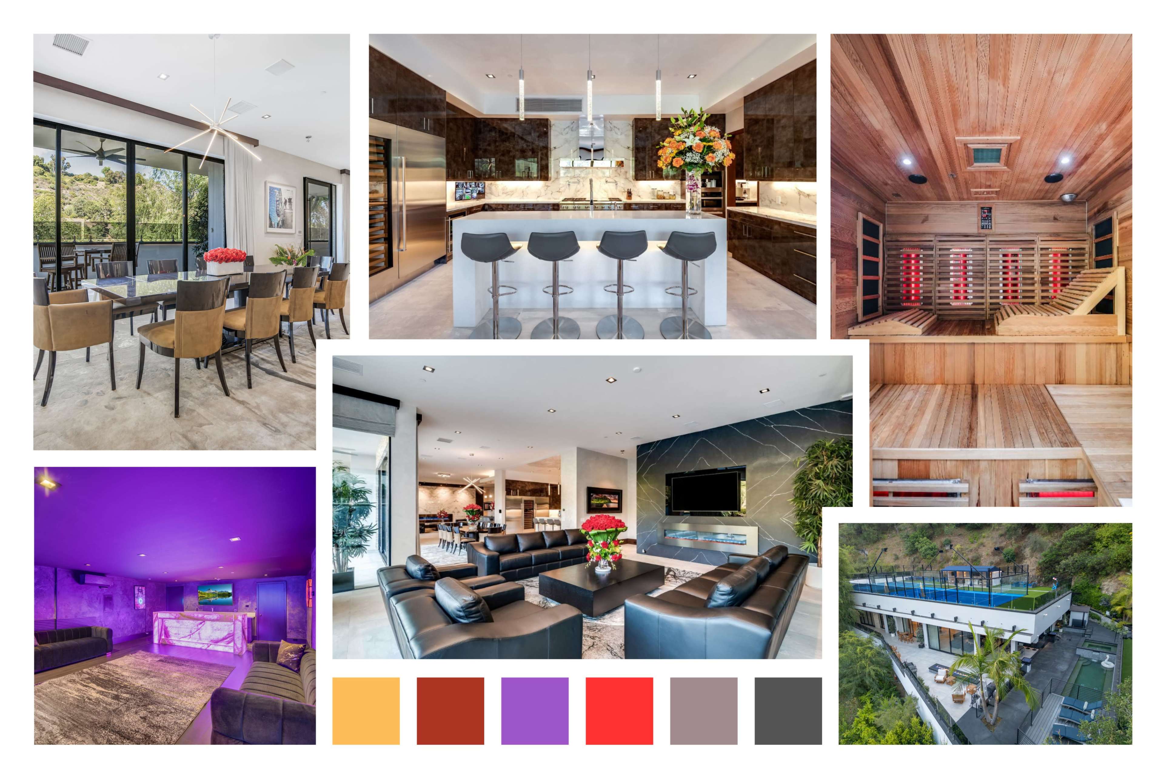 The image showcases a modern home interior featuring a stylish kitchen, dining area, living room, home theater, and a wine cellar.