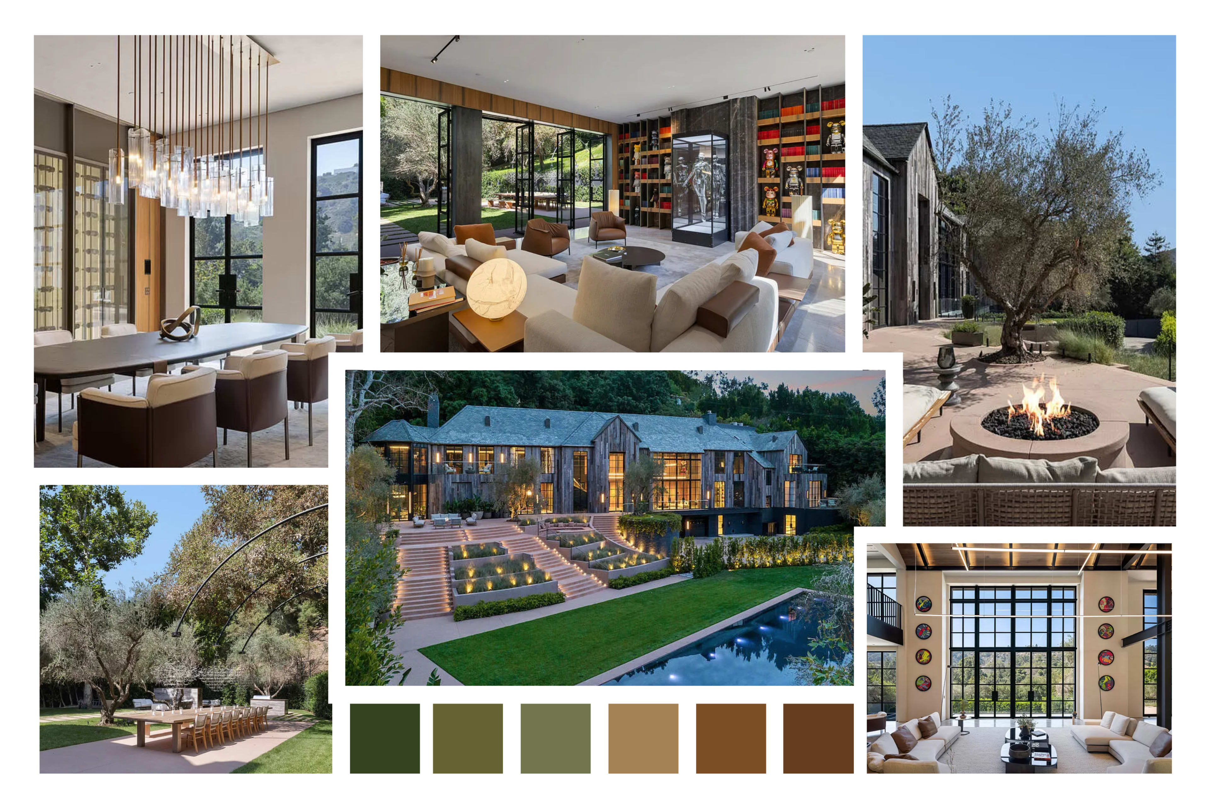 The image showcases a modern home with expansive glass windows, elegant interiors, a landscaped outdoor area featuring a fire pit, and various seating arrangements.