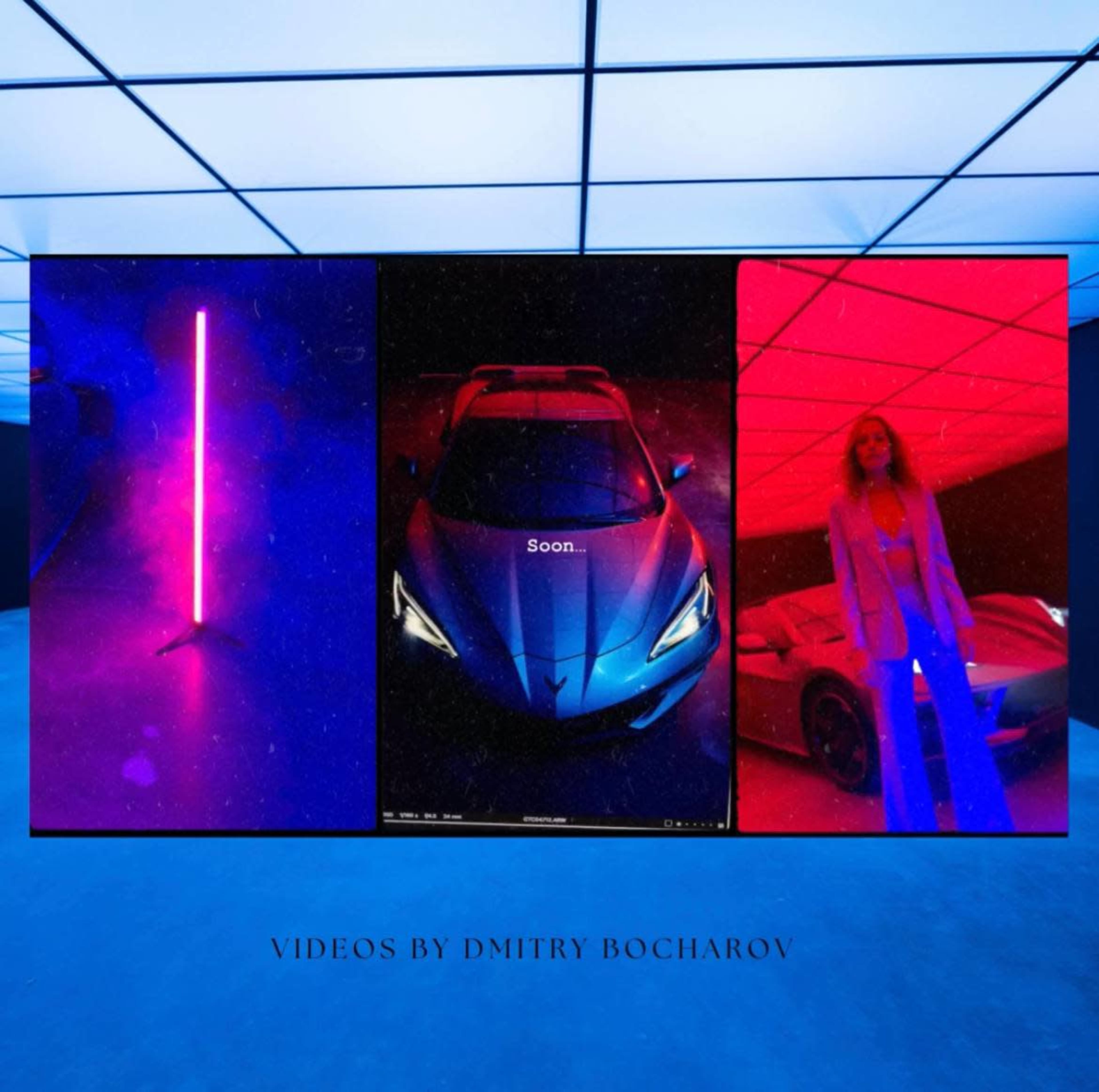 The image features a futuristic setting with a sleek car illuminated by colorful lighting and a model standing beside it, displaying the text "Soon..." in the center.