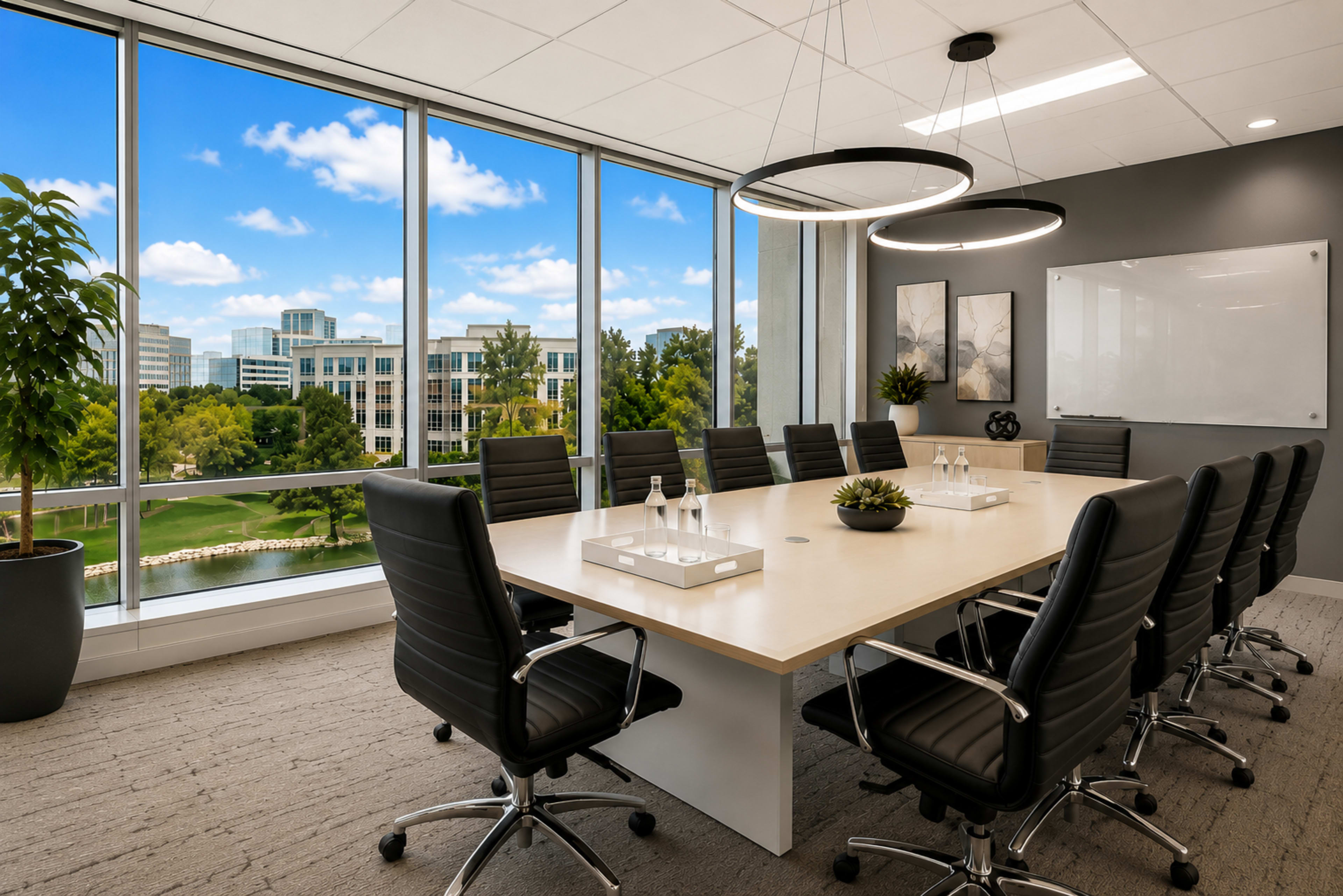 A modern conference room features a large rectangular table surrounded by black ergonomic chairs, with large windows overlooking a landscaped area and office buildings.