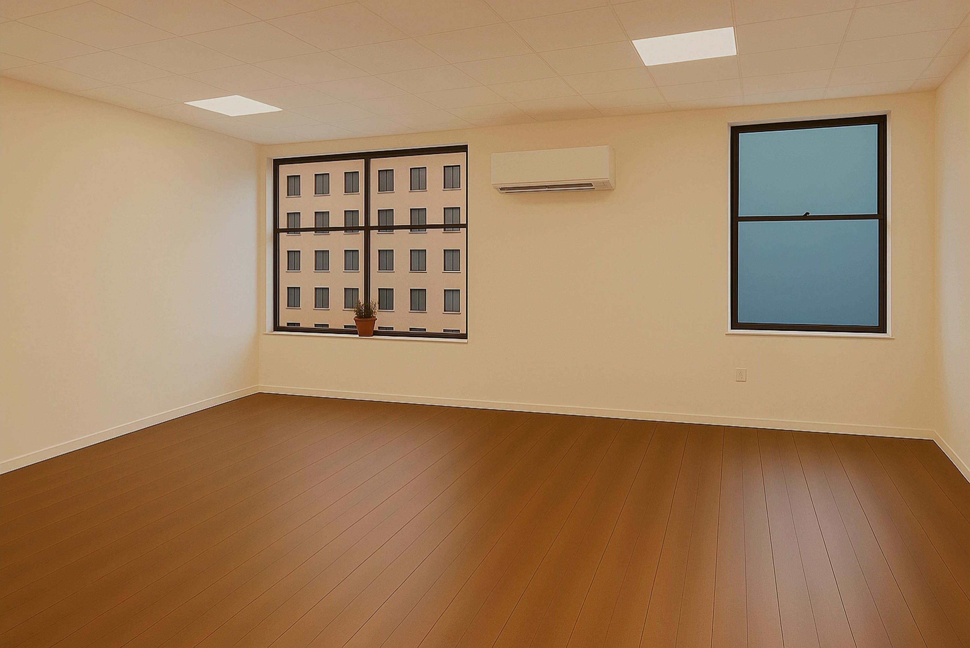 The image shows a sparsely furnished room with wooden flooring, two windows revealing an exterior view, and a wall-mounted air conditioning unit.