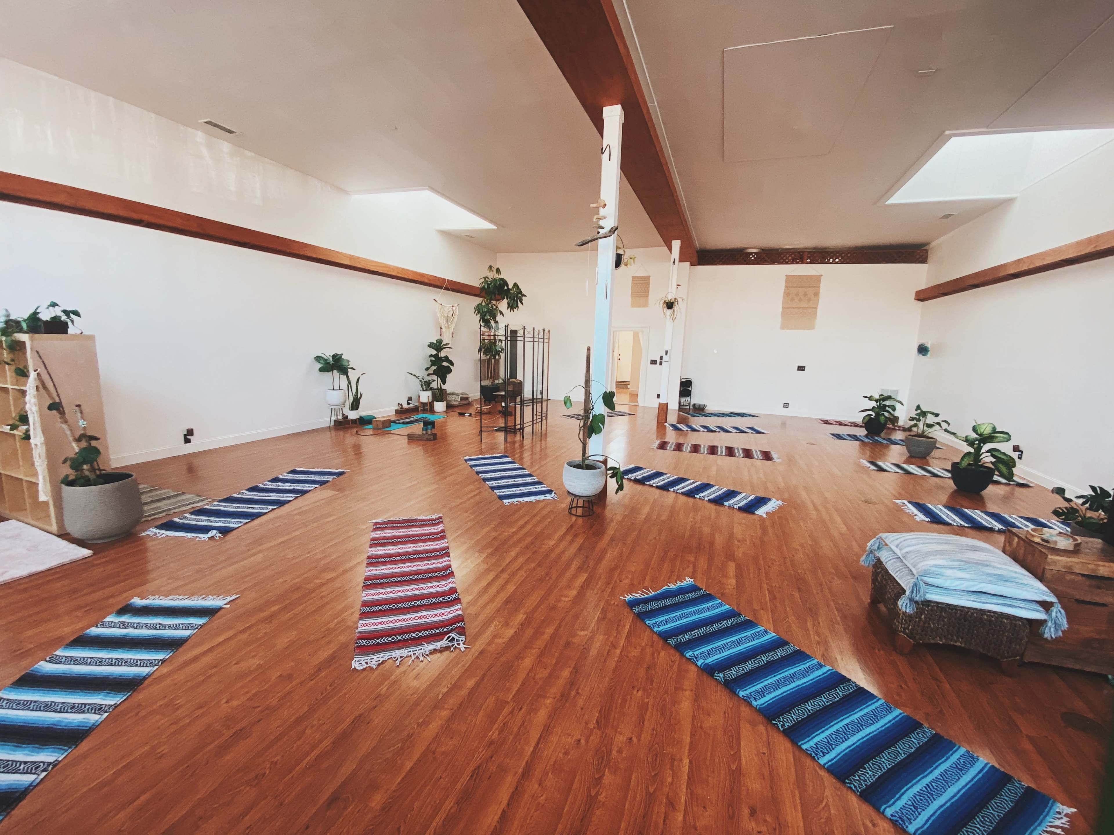 A spacious yoga studio with wooden flooring, various blue and striped mats arranged throughout, and several potted plants around the room.