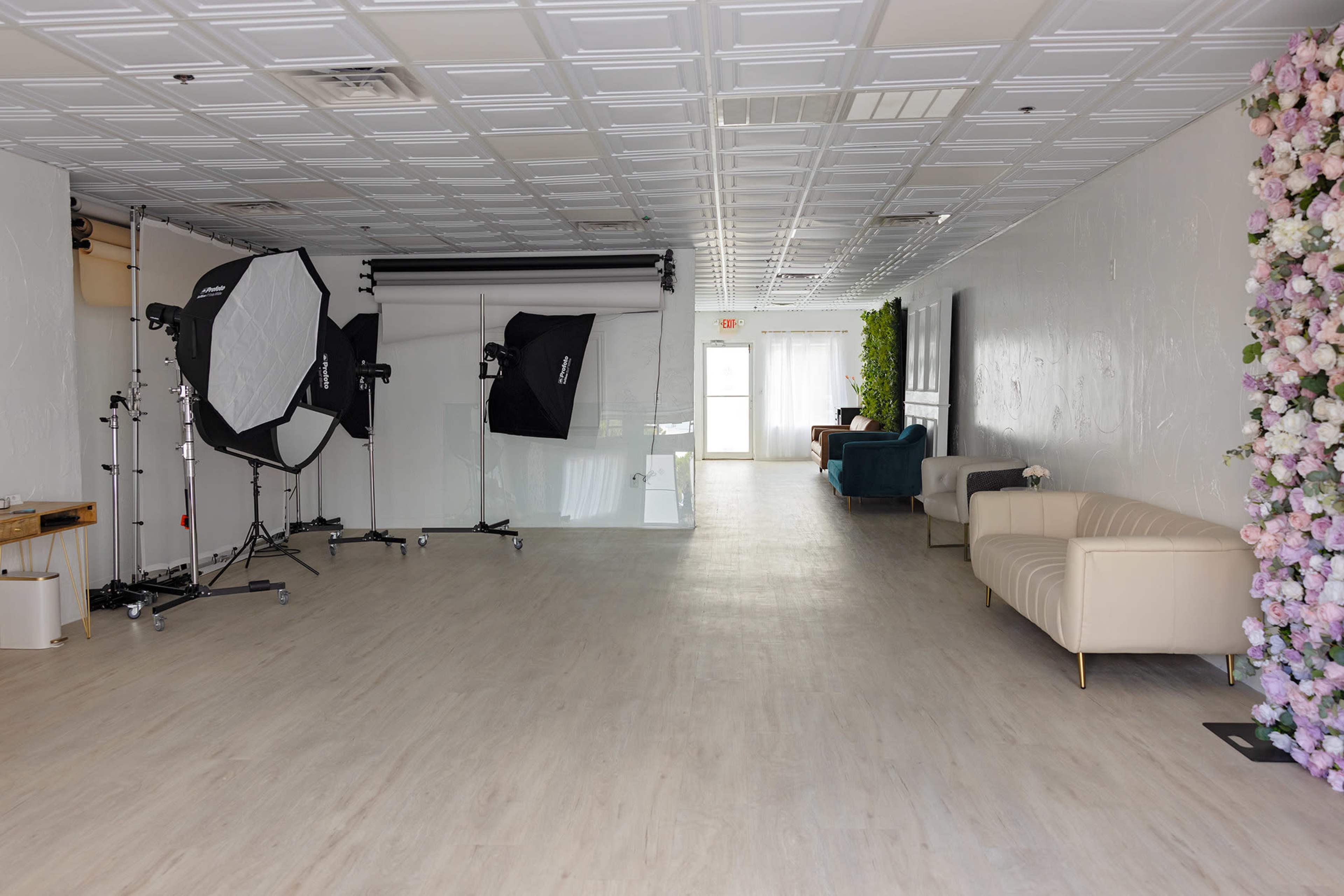 The image shows a spacious photography studio featuring large softbox lights and a floral wall mural at one end, with seating areas arranged along the sides.