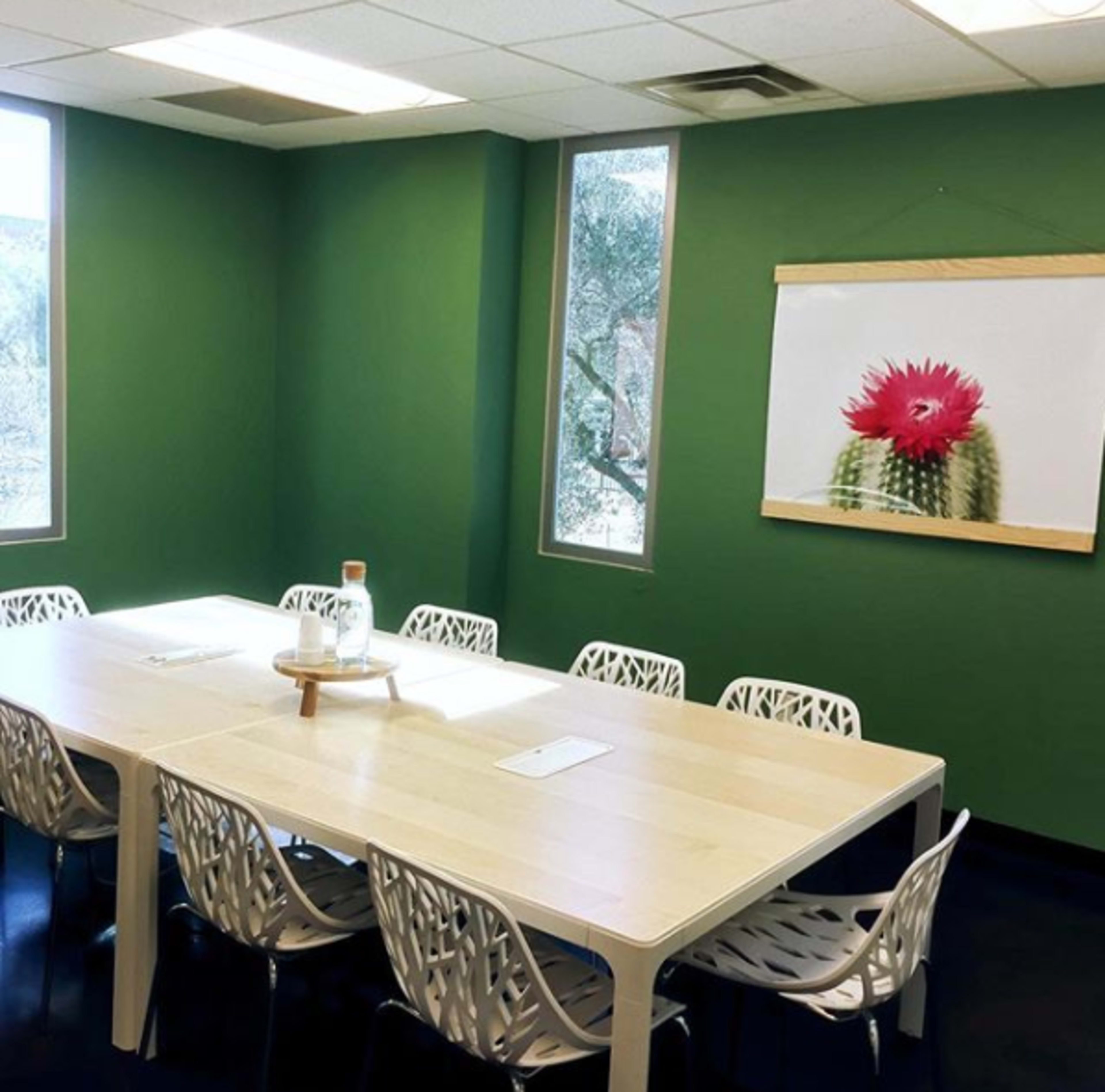 A modern conference room features a long white table surrounded by white chairs, set against a green wall with a framed cactus print hanging above.