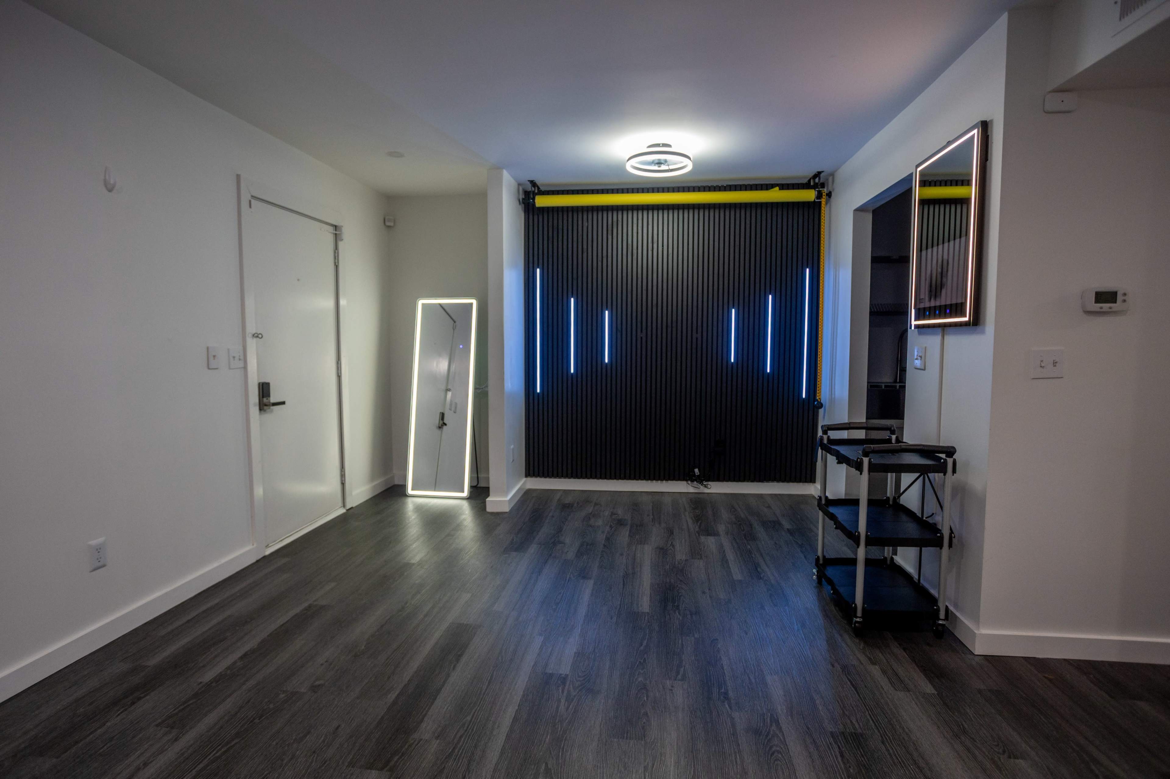 The image shows a modern, empty room with a minimalist design featuring a mirror, a black rolling cart, and a backdrop with vertical LED lights against one wall.