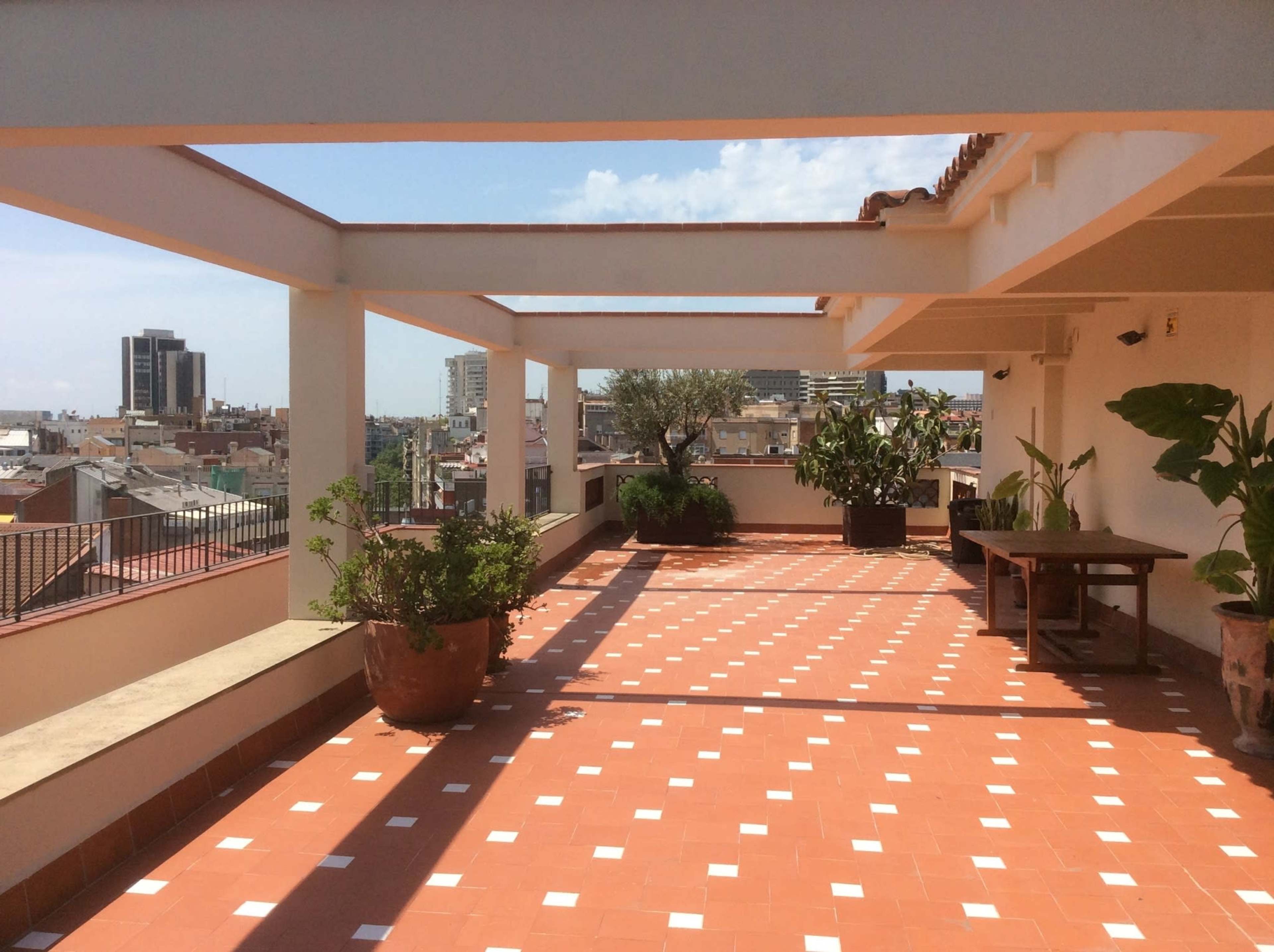 A spacious rooftop terrace with a tiled floor, potted plants, and a view of surrounding buildings under a clear sky.