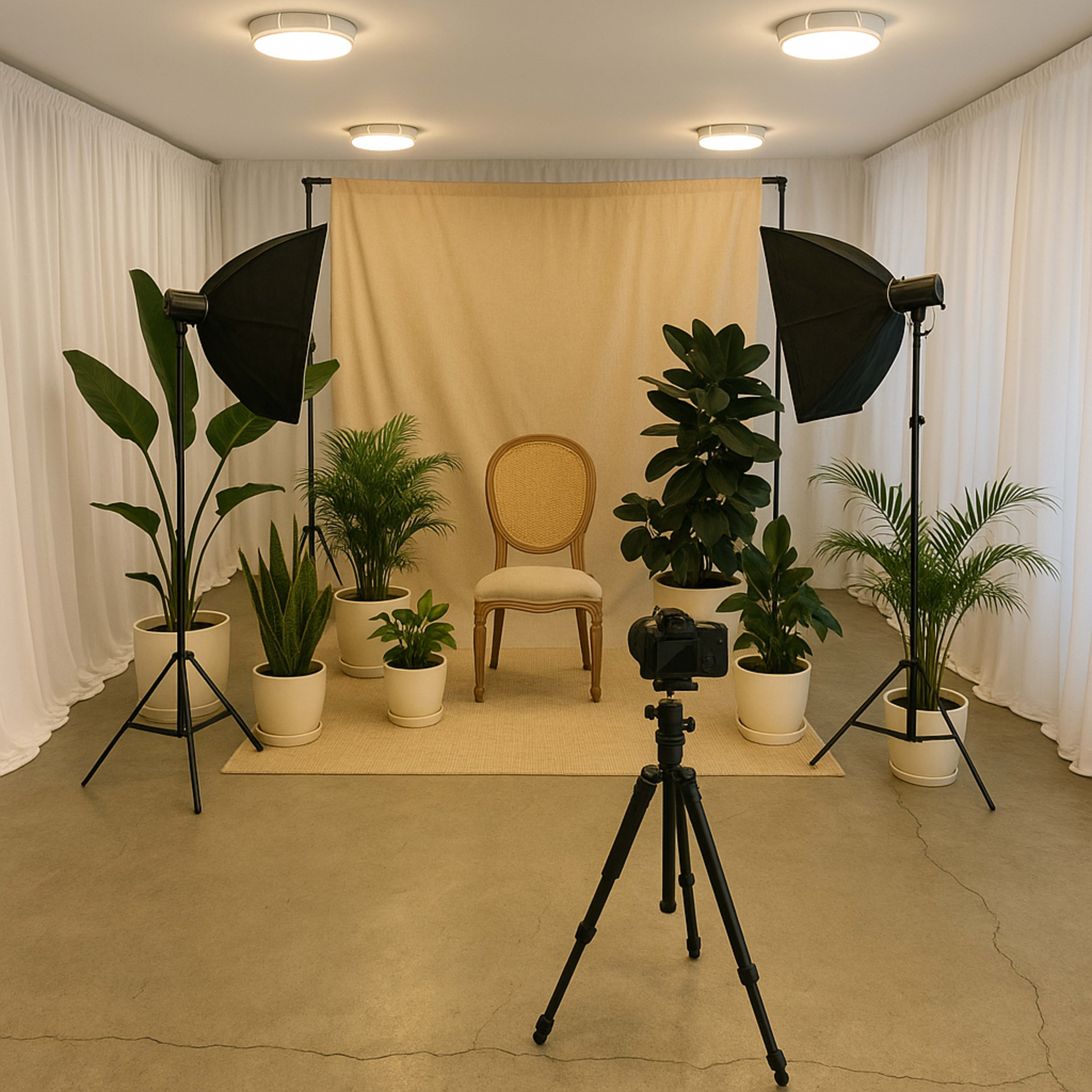 The image shows a photography setup with a chair positioned in front of a neutral backdrop, surrounded by potted plants and studio lighting equipment.