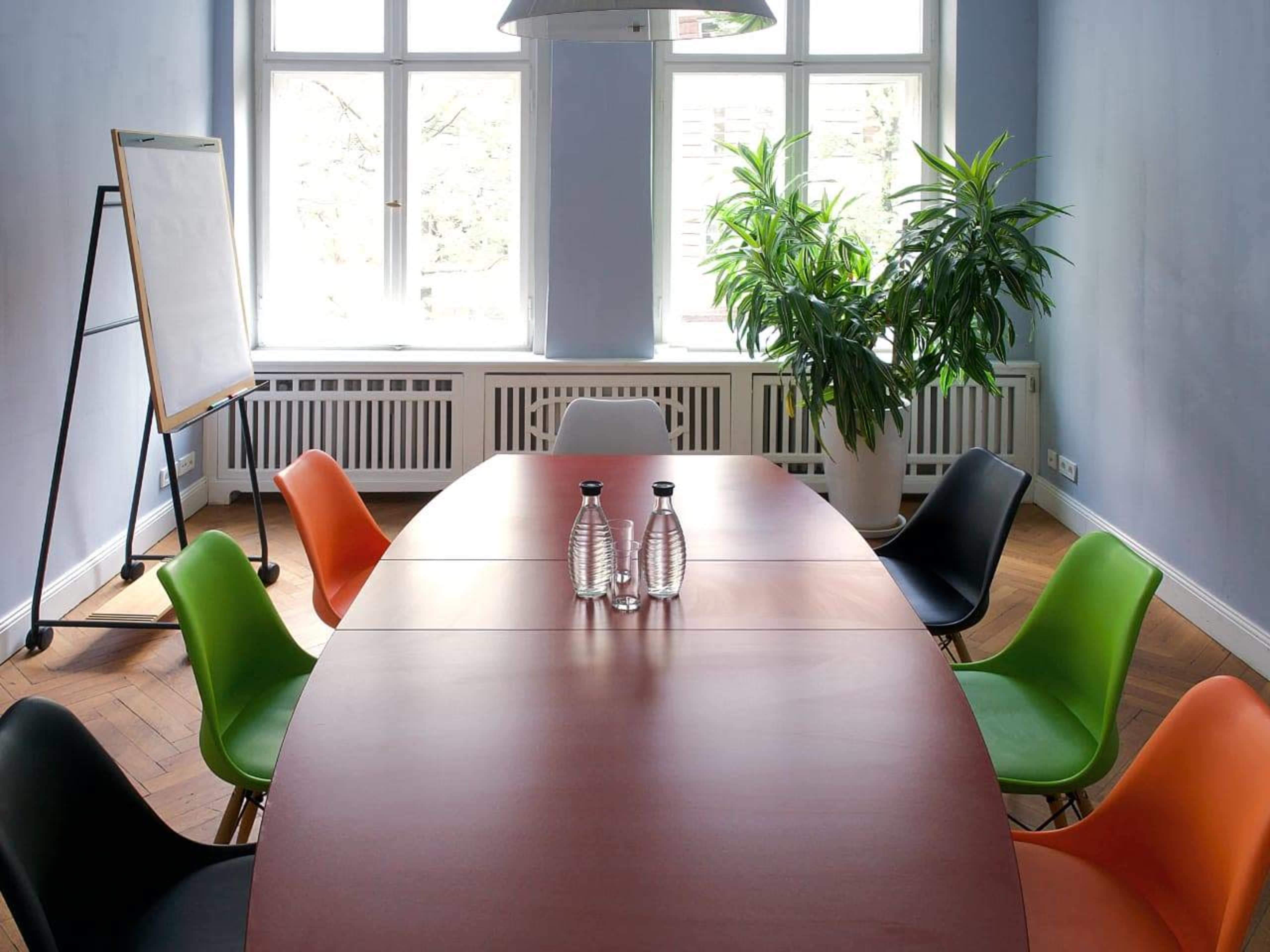 A modern conference room features a long wooden table surrounded by colorful chairs and a large plant in the corner.