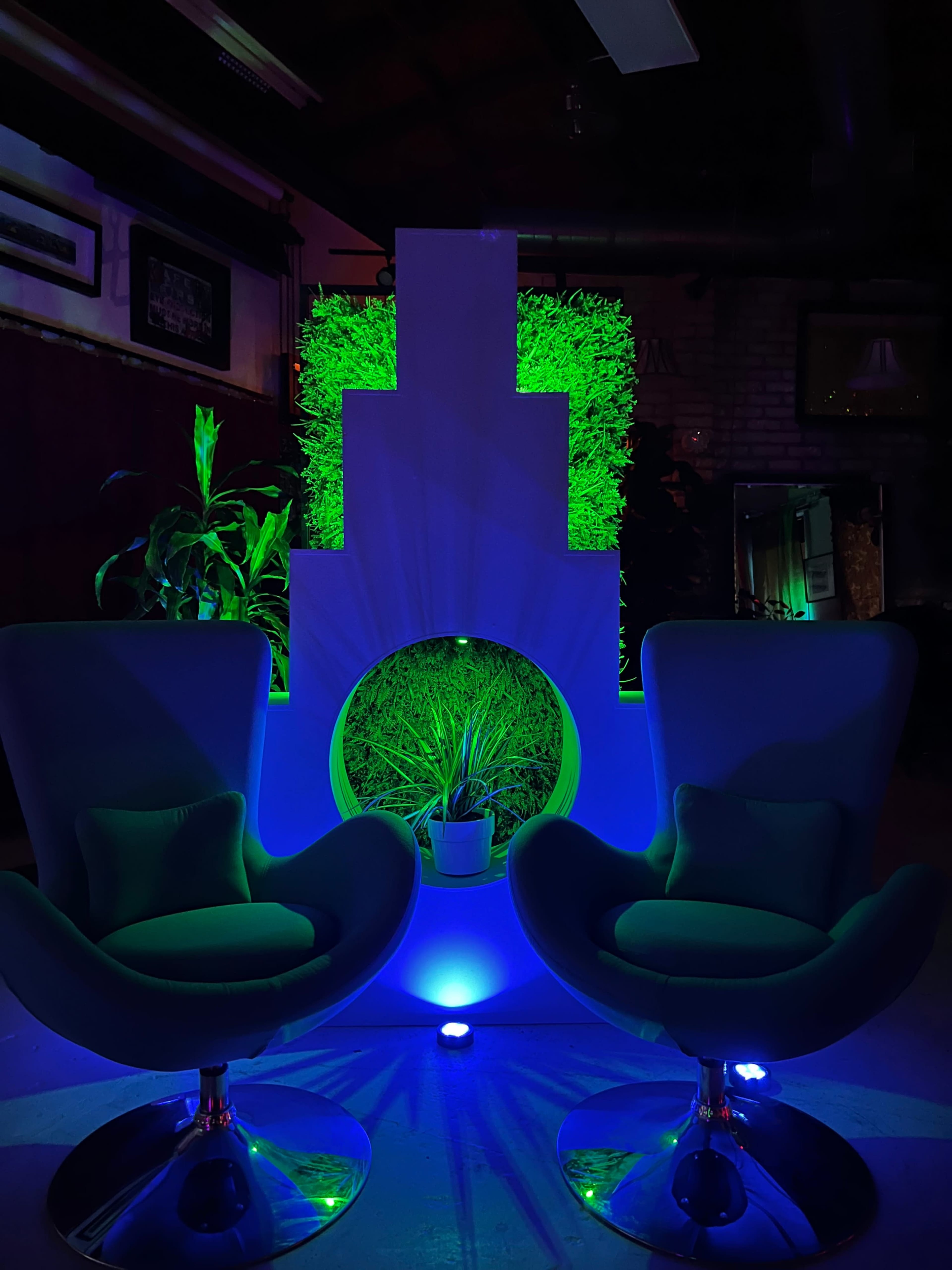The image features two modern, curved chairs with a glossy base positioned in front of a decorative wall with vibrant green plants and ambient lighting.
