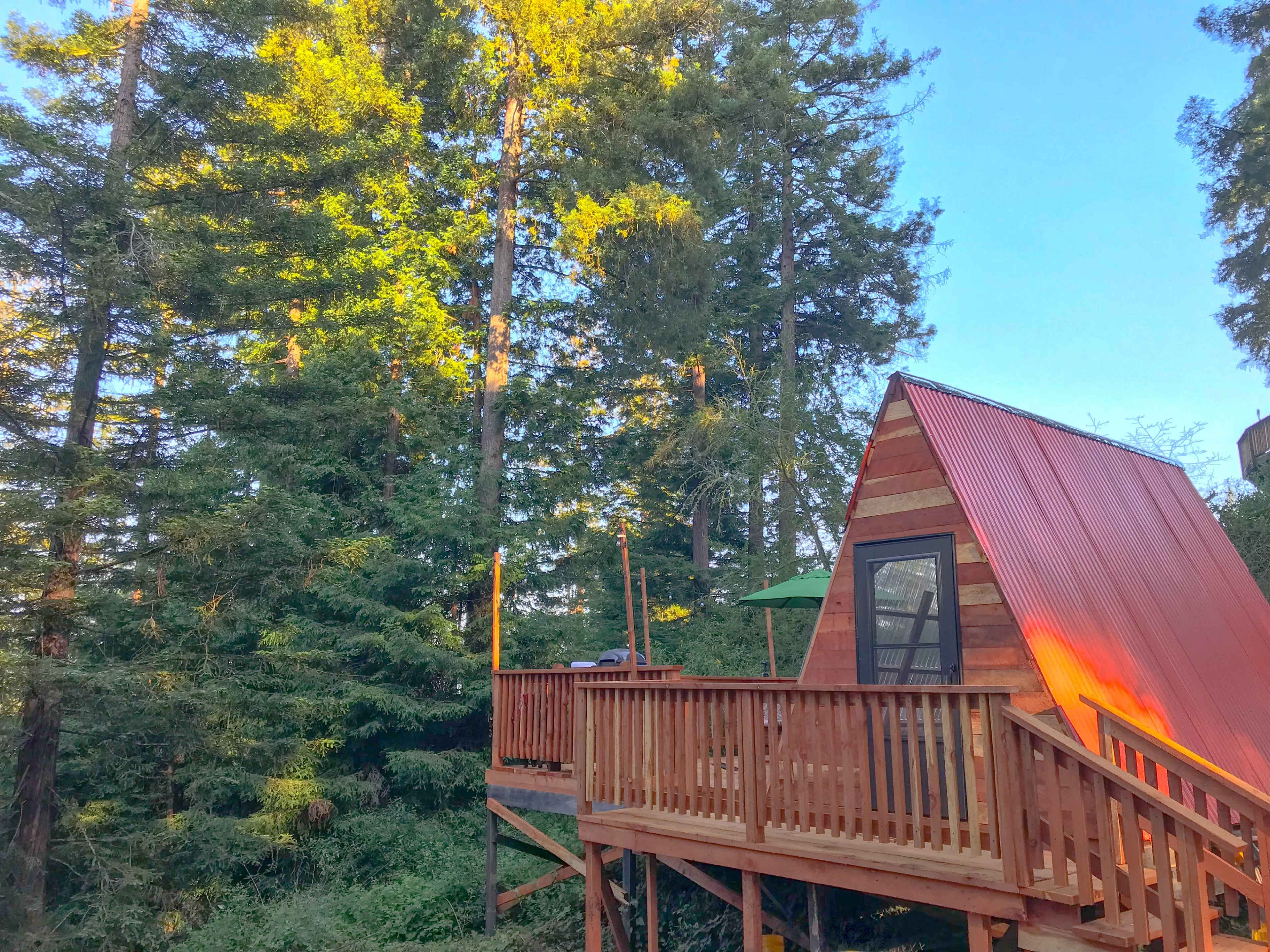 A wooden A-frame cabin with a red metal roof is nestled among tall green trees on a raised deck.