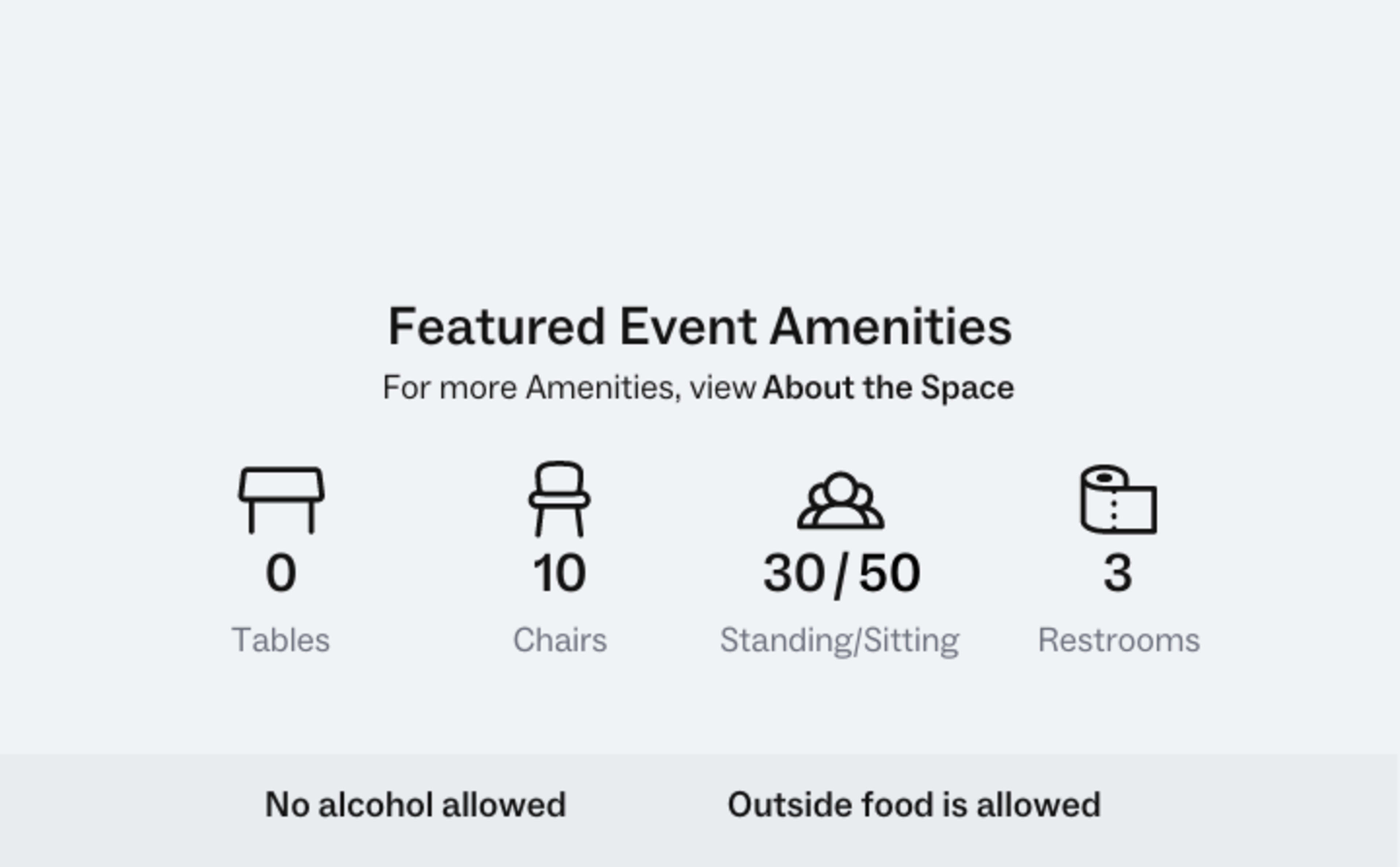 The image displays a list of event amenities, including 0 tables, 10 chairs, a capacity for 30 to 50 people standing or sitting, and 3 restrooms.