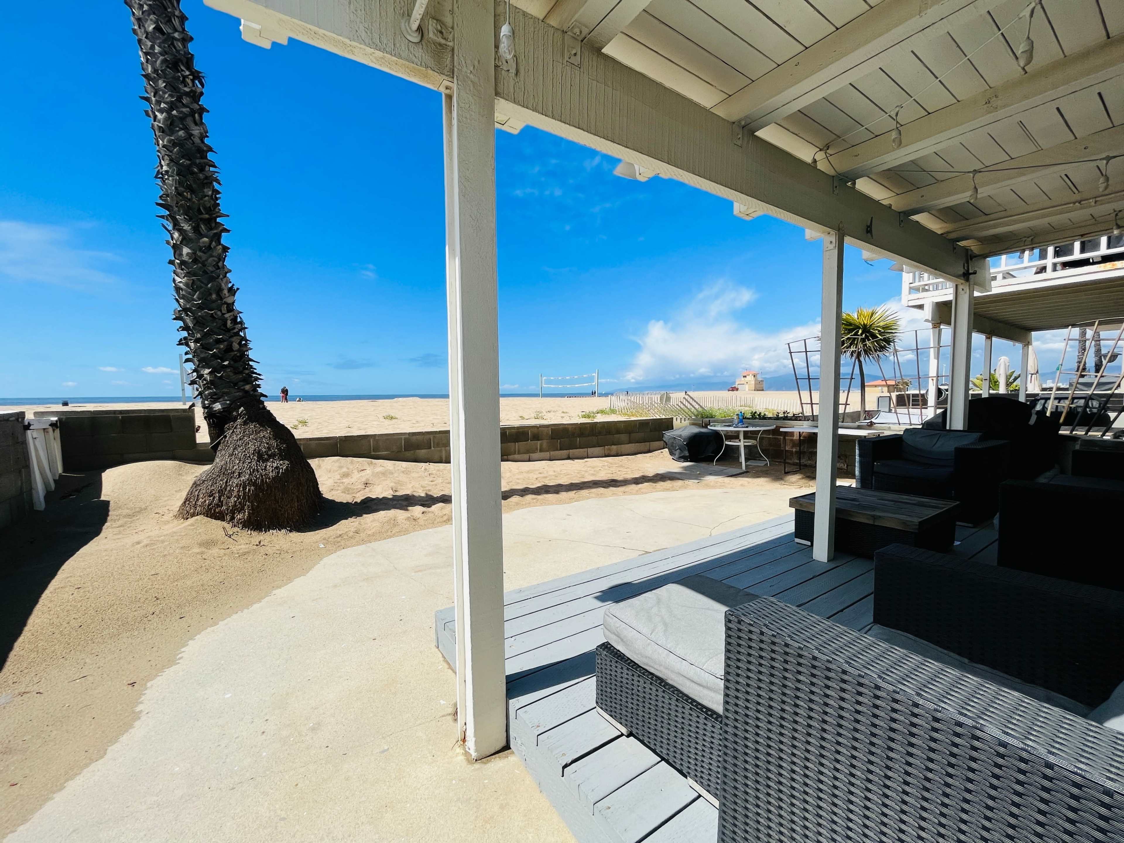 A beachside patio with a view of the sand and ocean, featuring lounge furniture and a palm tree.