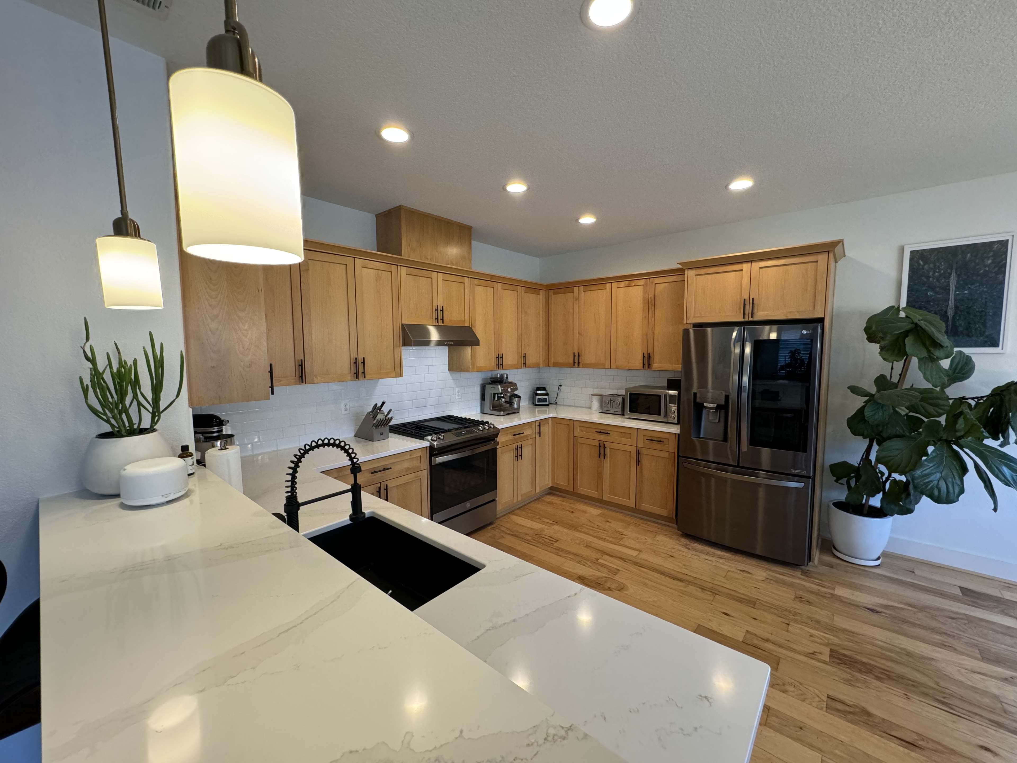 The kitchen features wooden cabinets, stainless steel appliances, a marble countertop, and plants in the background.