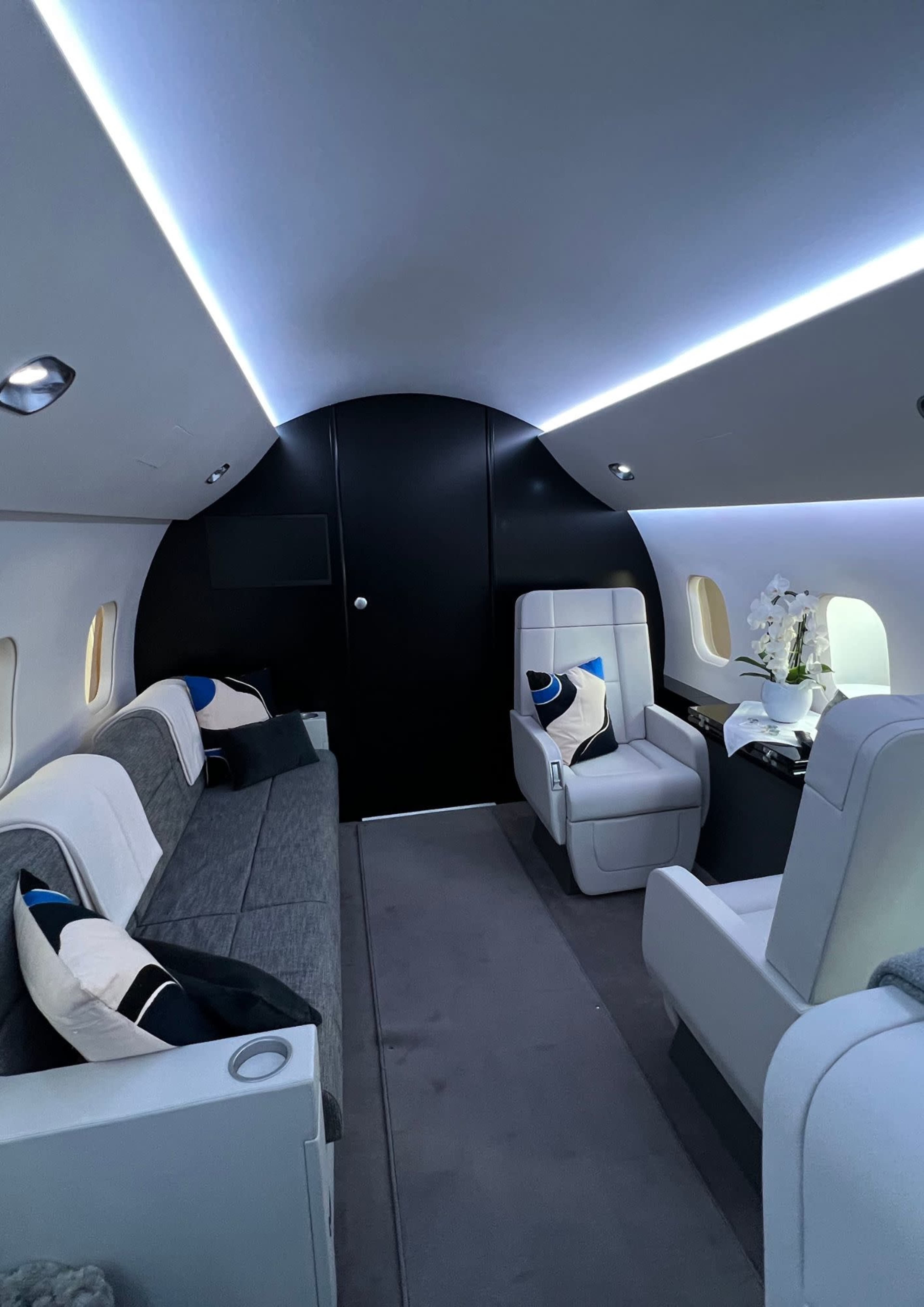 The image shows the interior of a modern private jet, featuring plush seating and a sleek design with soft lighting.