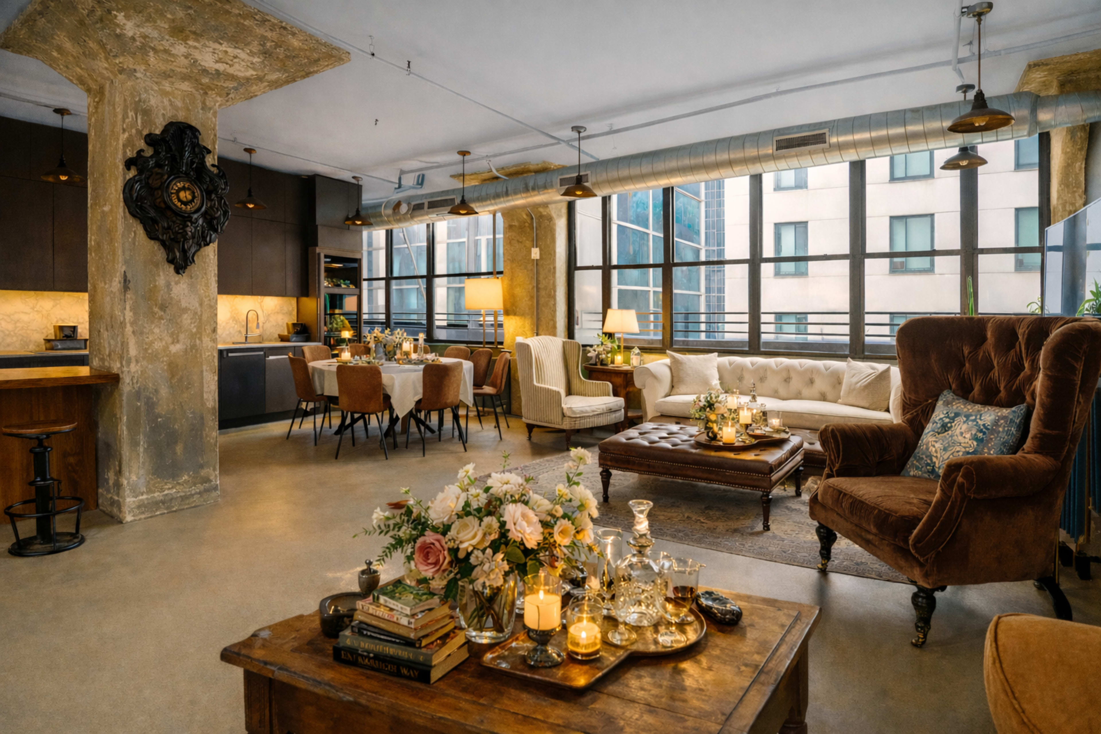 The image shows a stylish loft space with industrial features, featuring a living area with a brown velvet armchair, a coffee table adorned with flowers and candles, and a dining area with elegant seating and large windows.