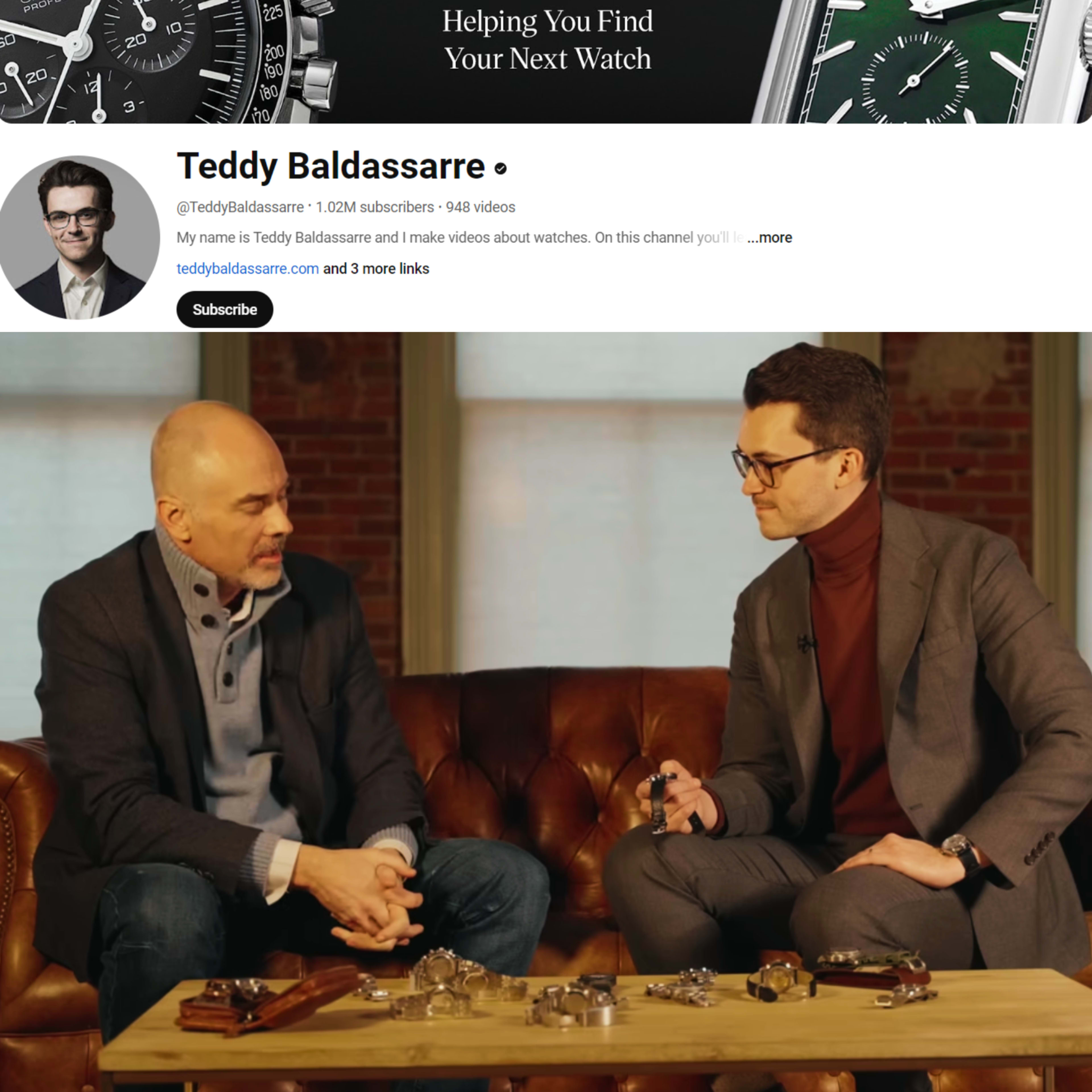 Two men sitting on a couch in a well-lit room discussing watches, with various timepieces displayed on a table between them.