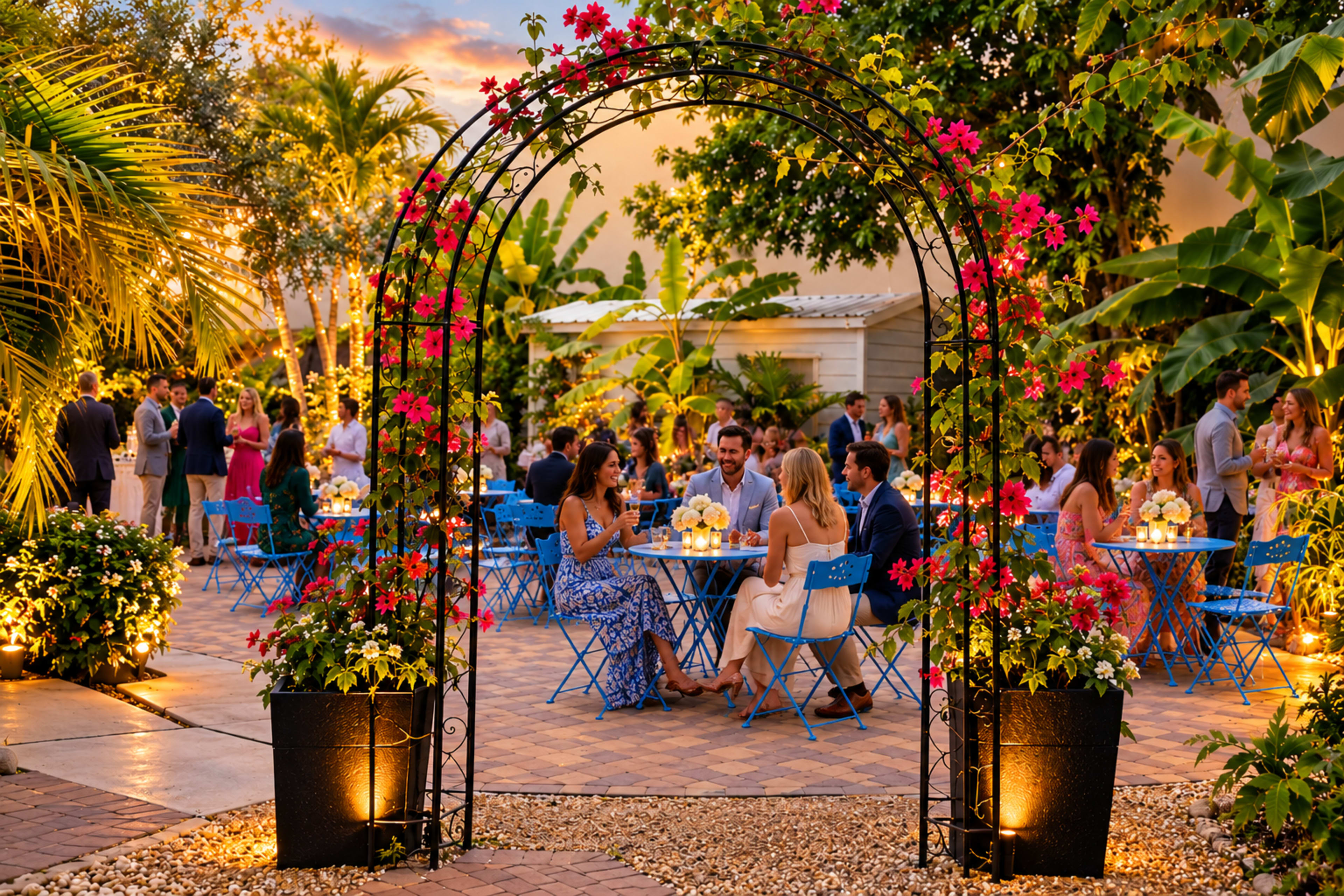 The scene depicts an outdoor gathering in a garden setting with people seated at blue tables under a floral arch.
