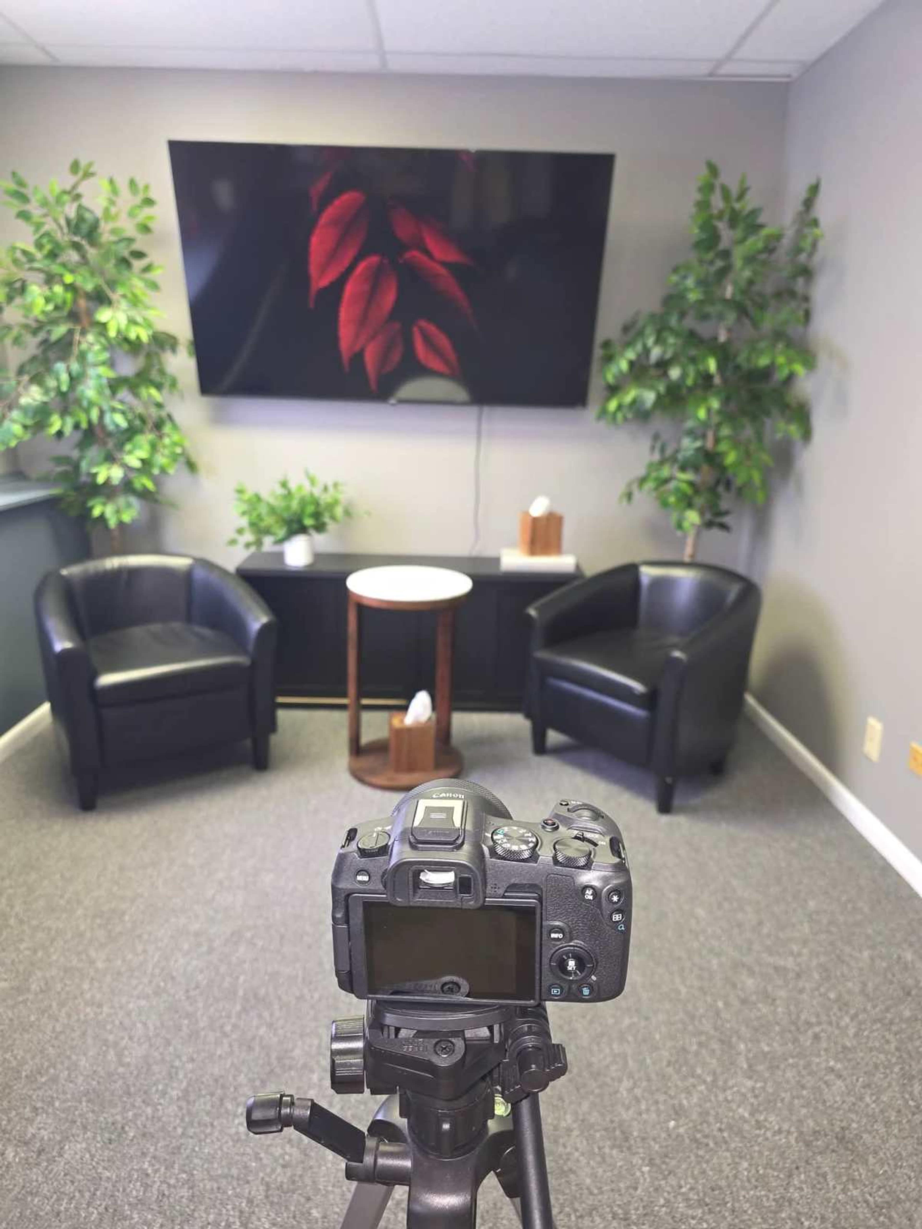 A camera is positioned on a tripod, aimed at a room featuring two black chairs, a round table, and a large screen displaying red leaves, surrounded by greenery.