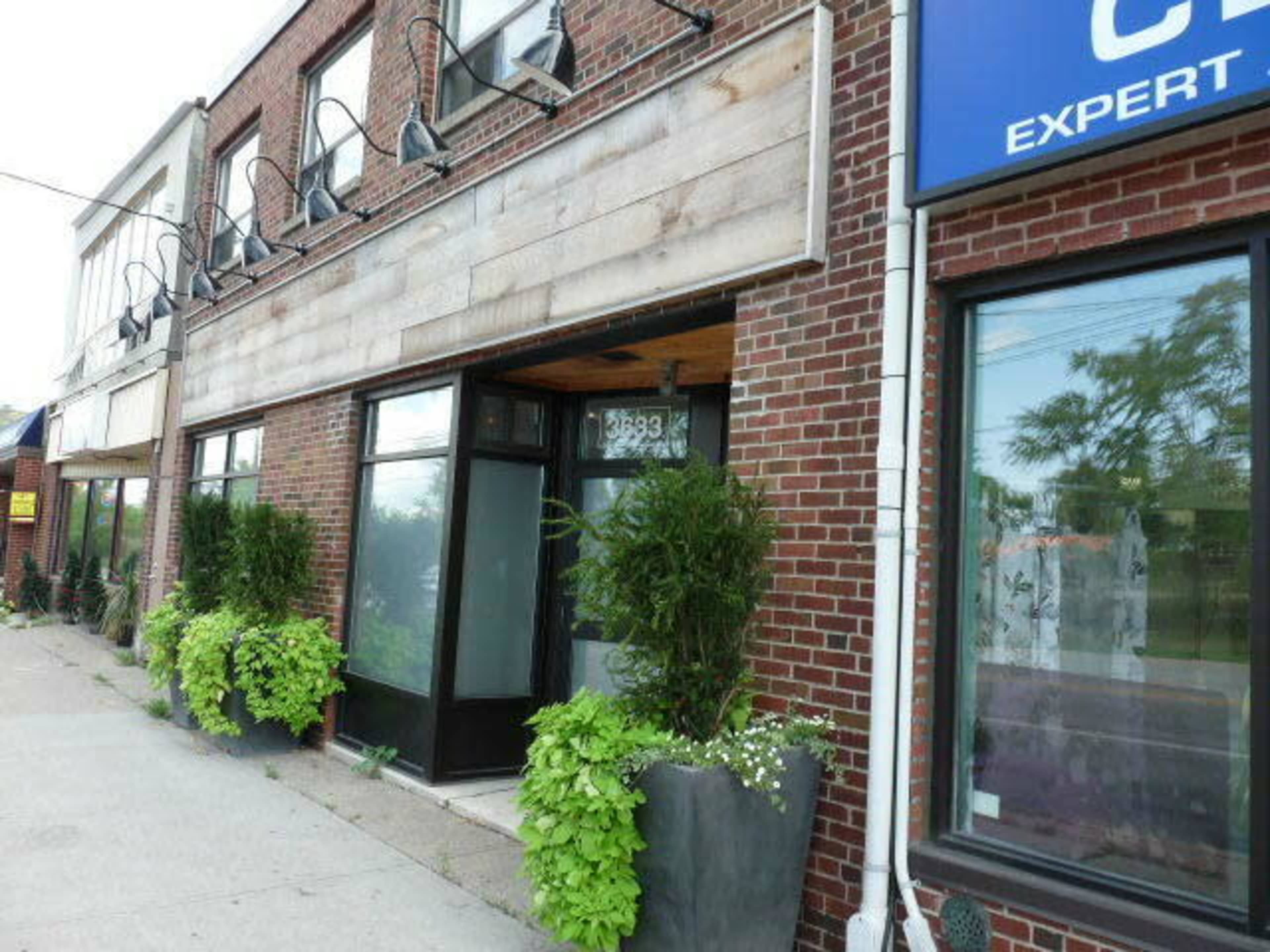 The image shows a brick building facade with large windows and planters filled with greenery along the sidewalk.