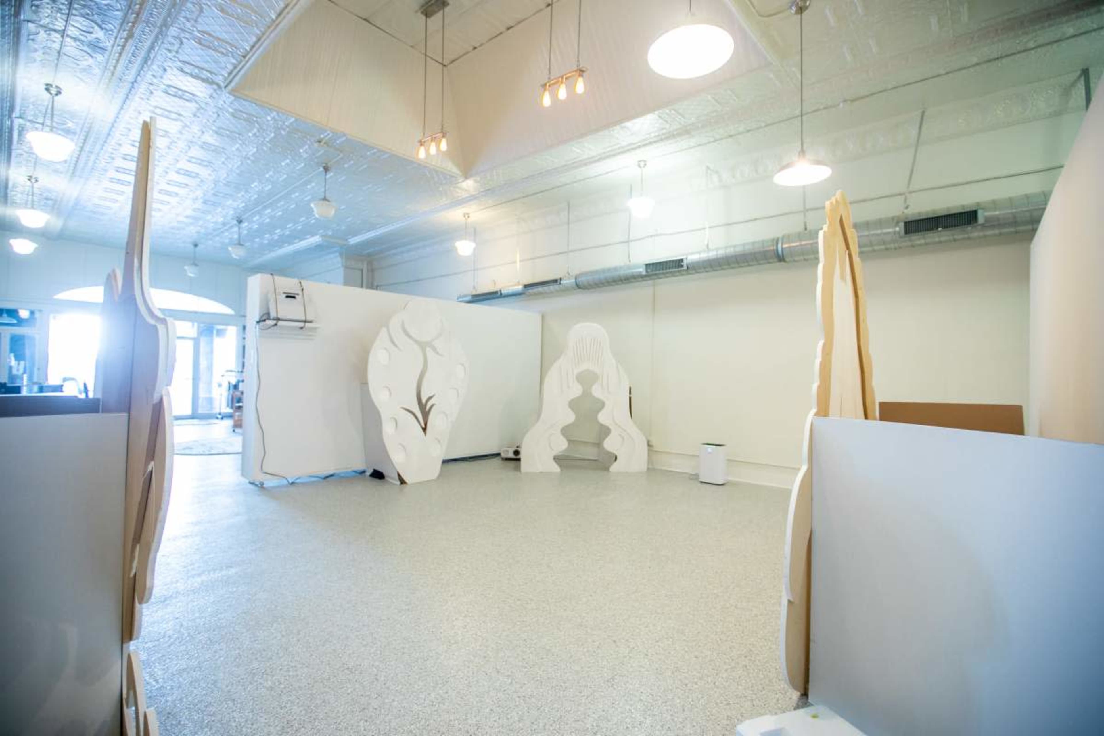 The image shows a spacious, empty interior room with light-colored walls and decorative, sculptural partitions.