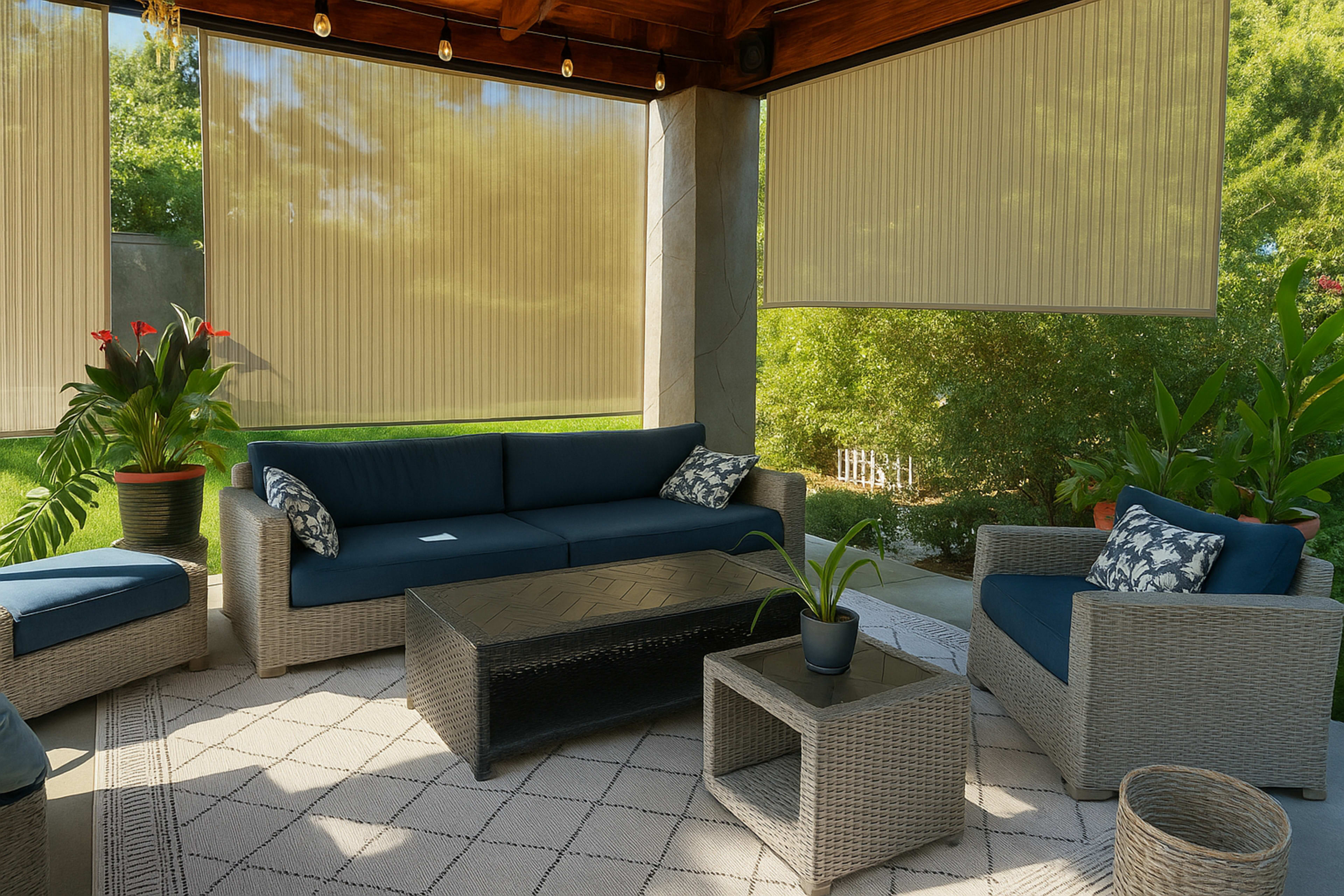 A modern outdoor seating area features a dark blue sofa set, a coffee table, and decorative plants under a covered patio with sheer shades.