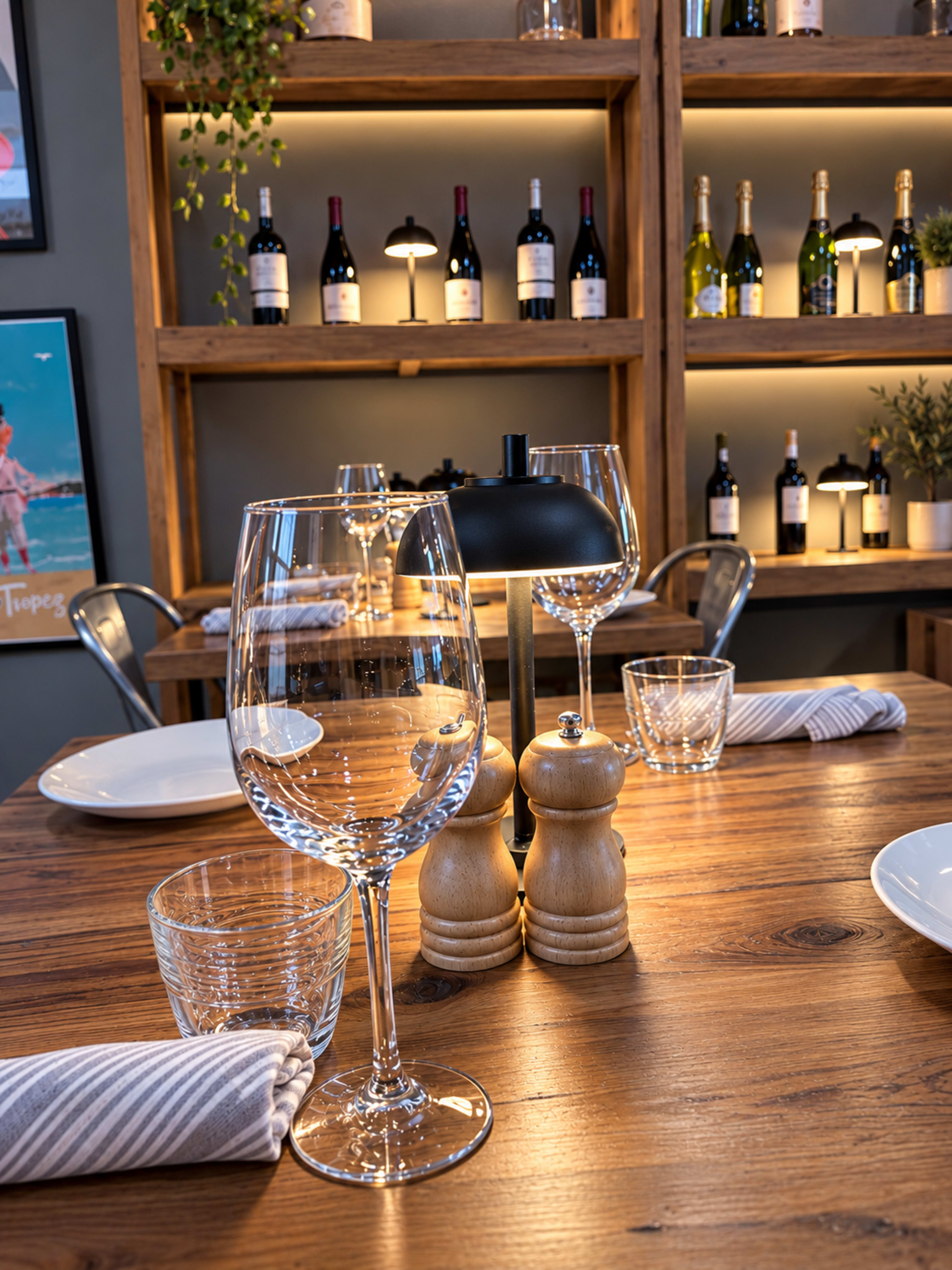 A table is set with wine glasses, water cups, and condiments, in front of a wooden shelf displaying various bottles of wine and champagne.