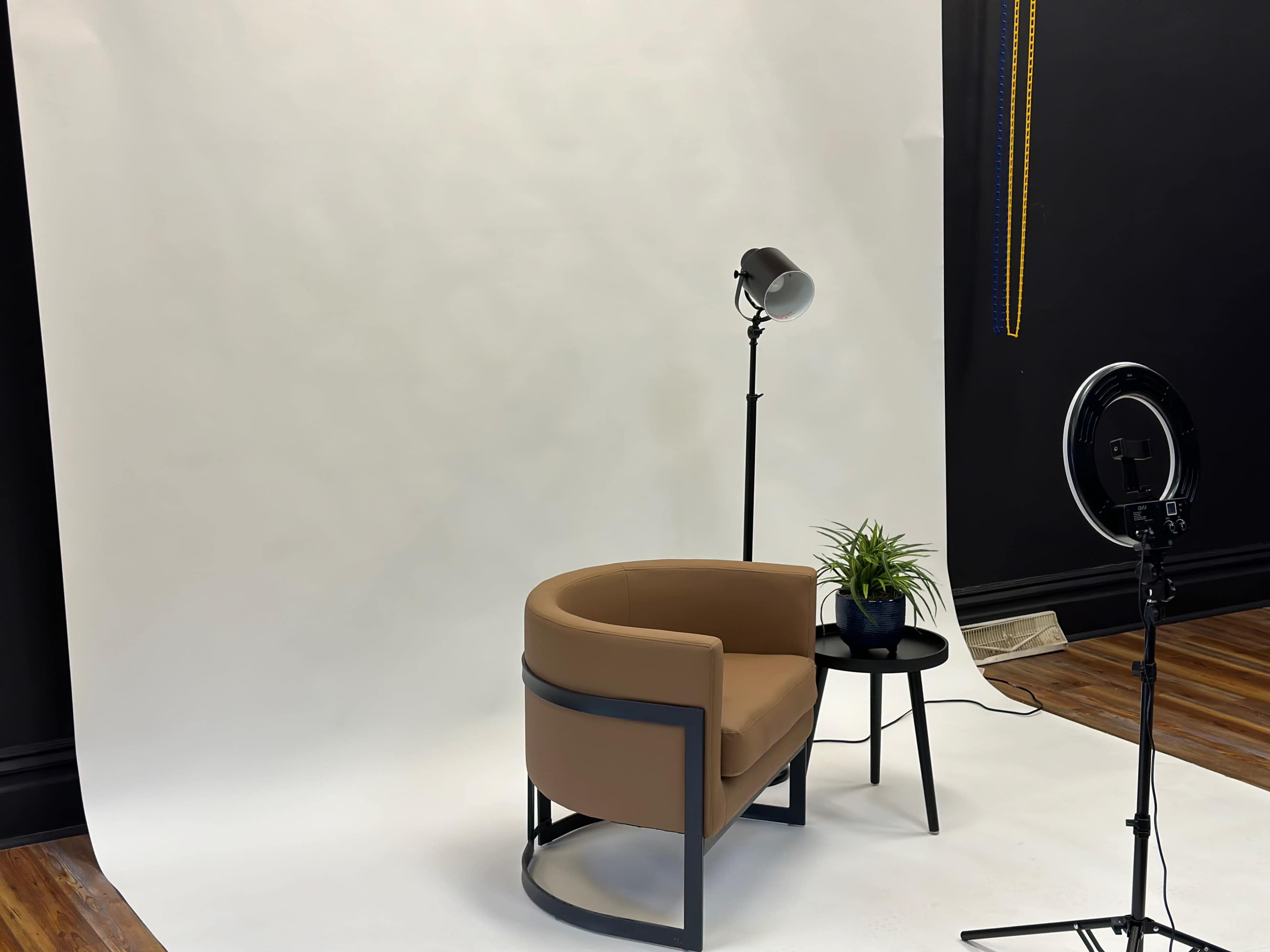 A brown upholstered chair beside a small black table with a potted plant, against a plain white backdrop in a studio setting.