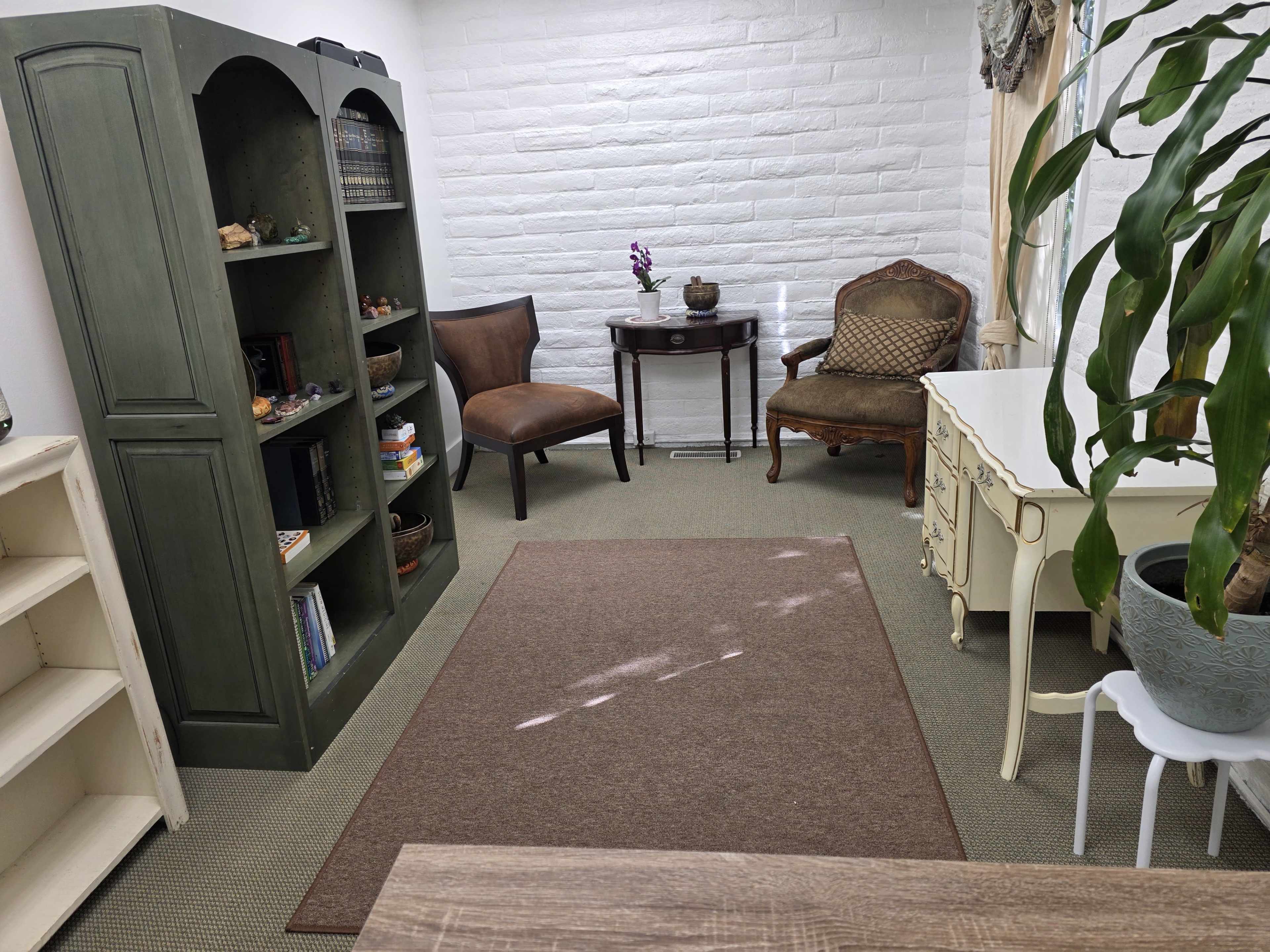 The image shows a cozy room with two chairs, a small round table, a bookshelf, and a decorative plant, all arranged around a brown area rug.
