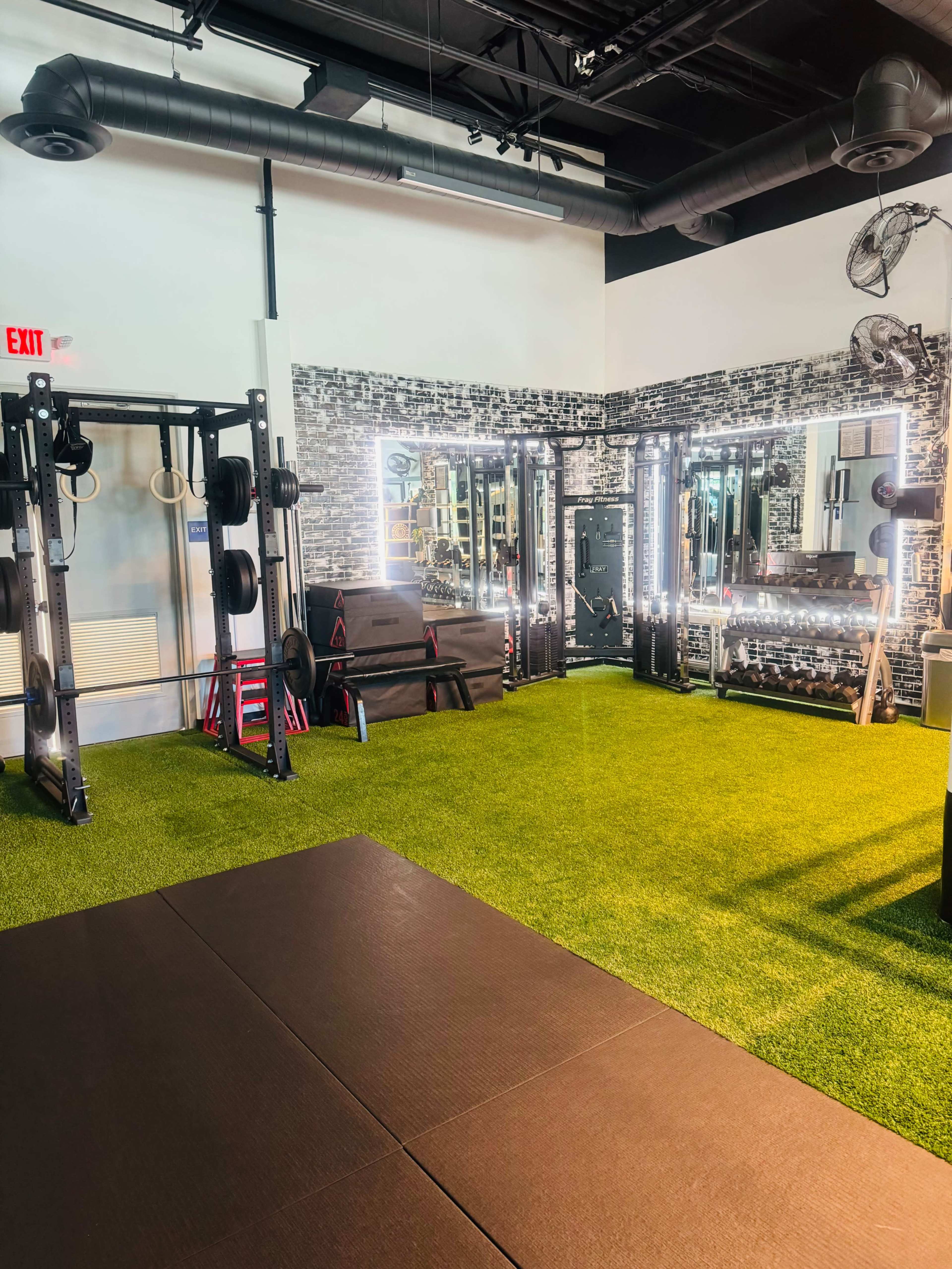 A gym interior featuring weightlifting equipment, mirrors, and artificial turf flooring.