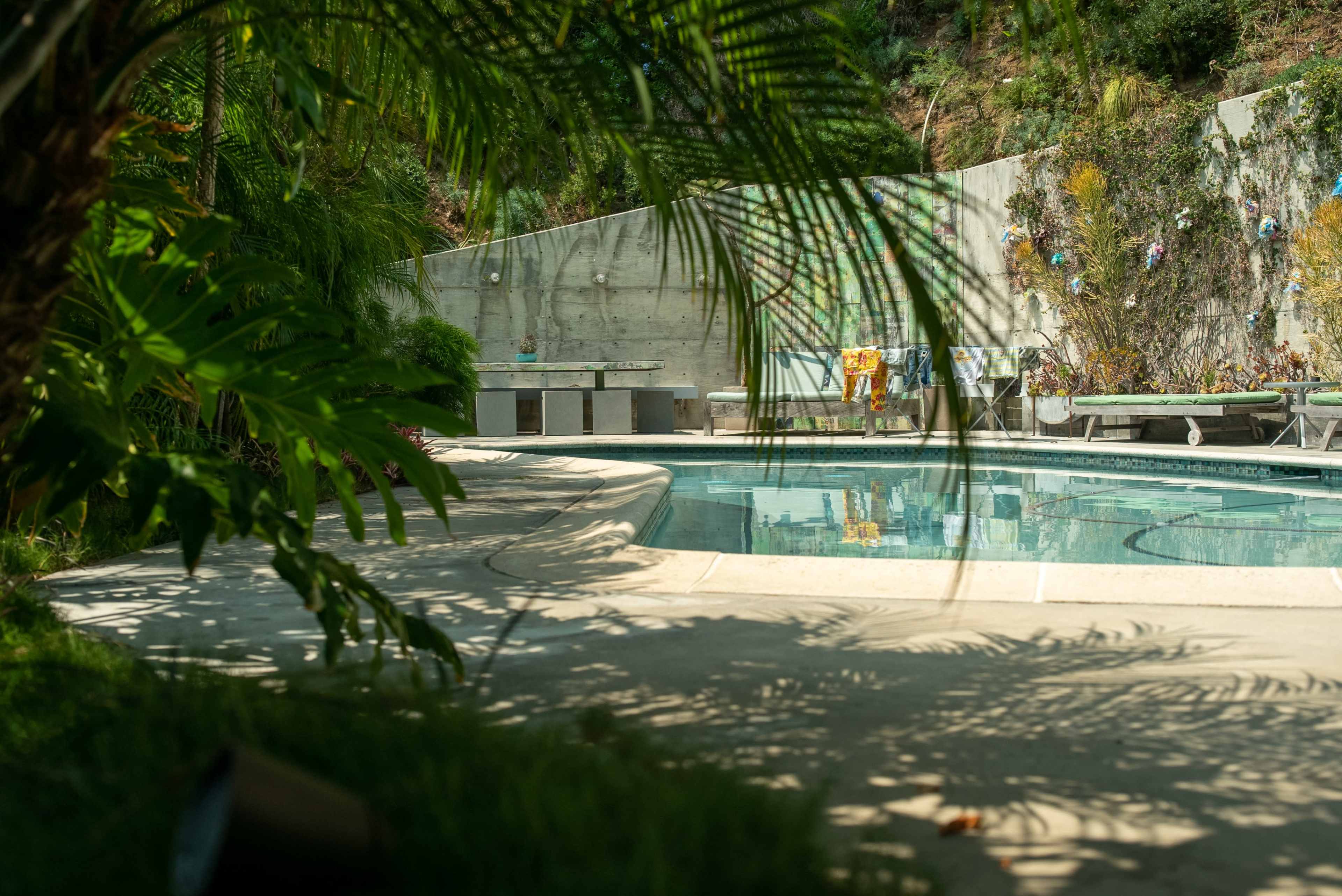 A swimming pool is surrounded by tropical plants and a concrete wall, with lounge chairs and a table in the background.