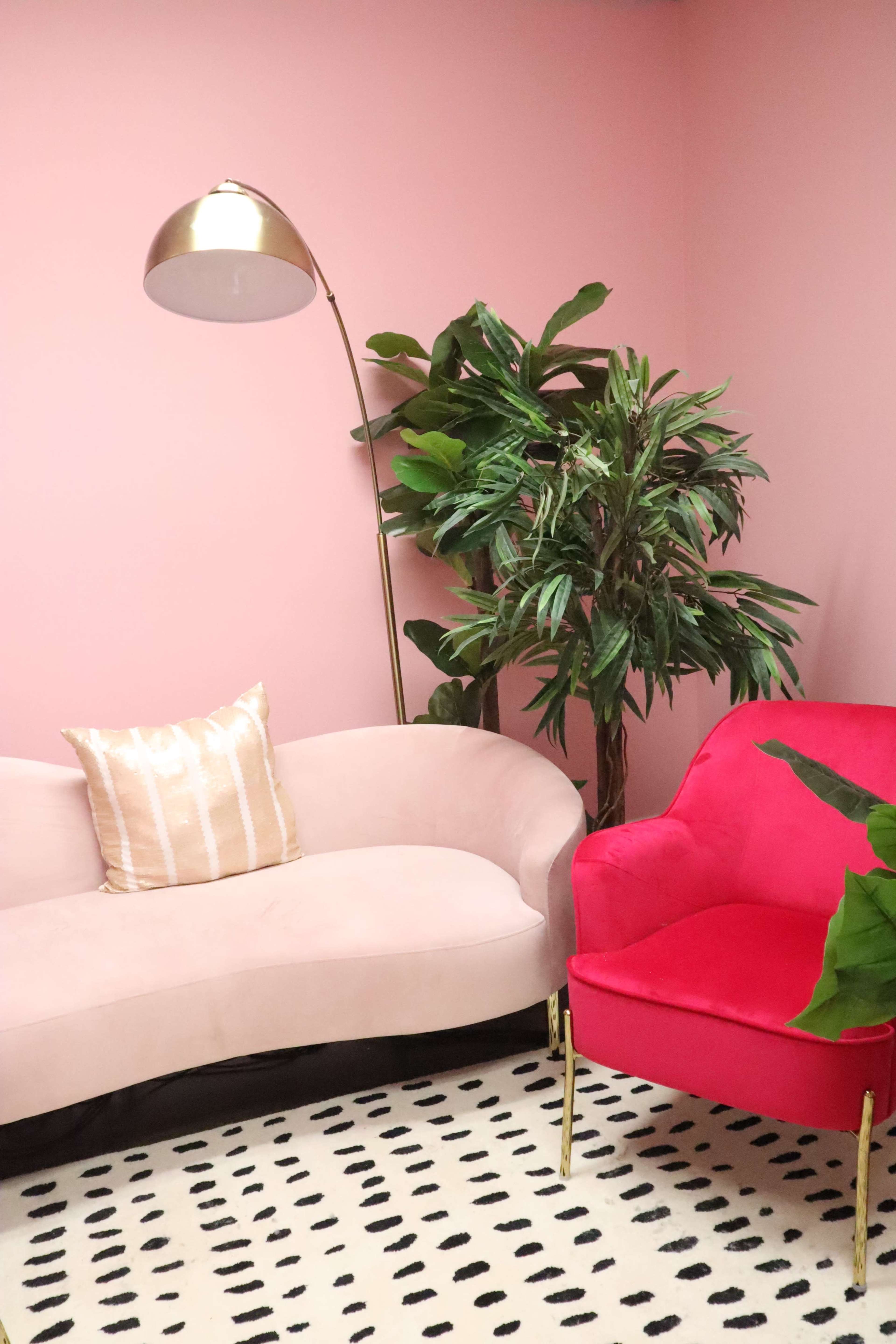 The image shows a seating area featuring a curved pink sofa, a vibrant red armchair, a floor lamp, and a large potted plant against a pink wall, with a patterned black and white rug on the floor.