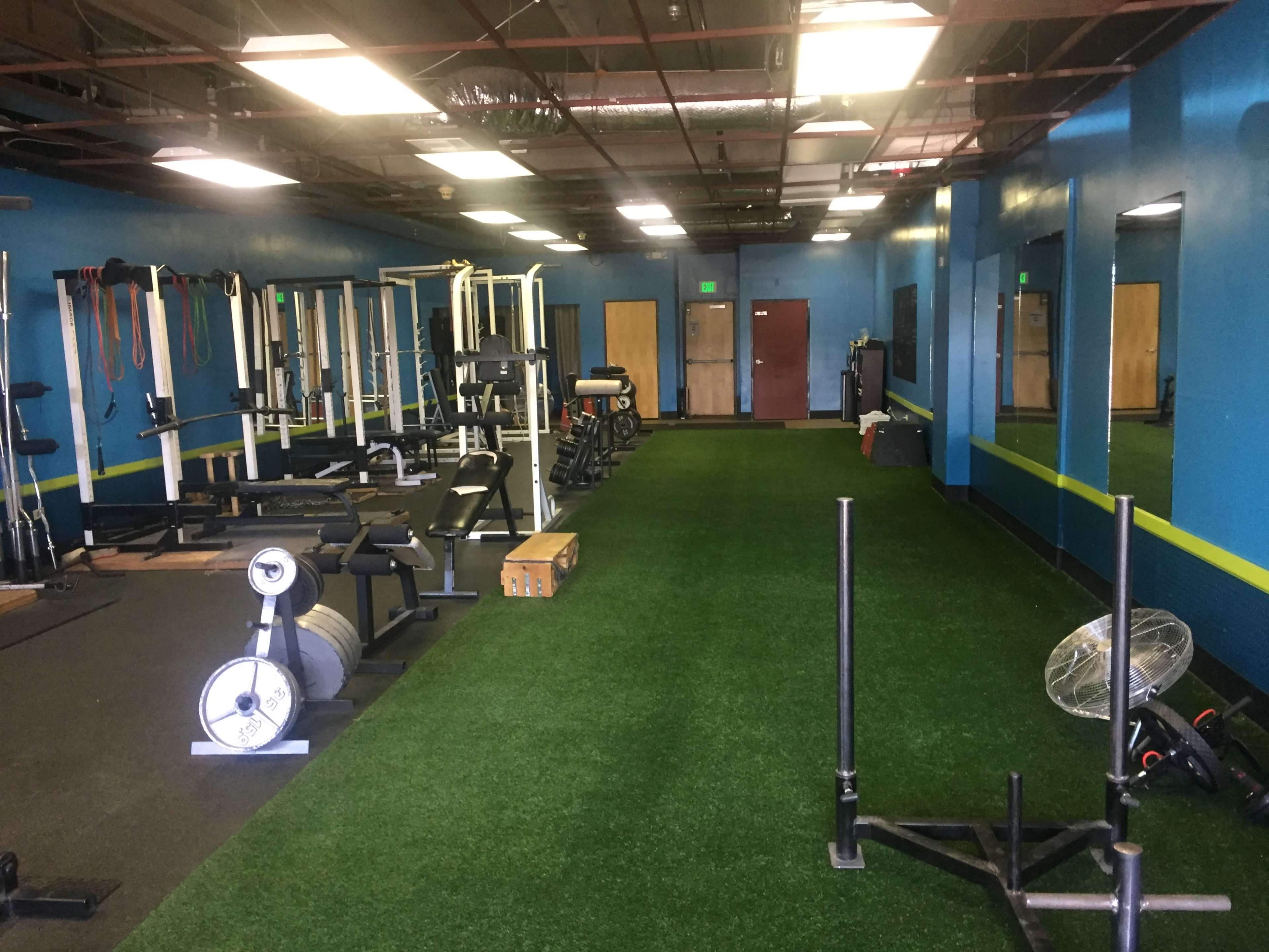 A spacious gym interior equipped with various exercise machines and weights, along with a turf-covered area for functional training.