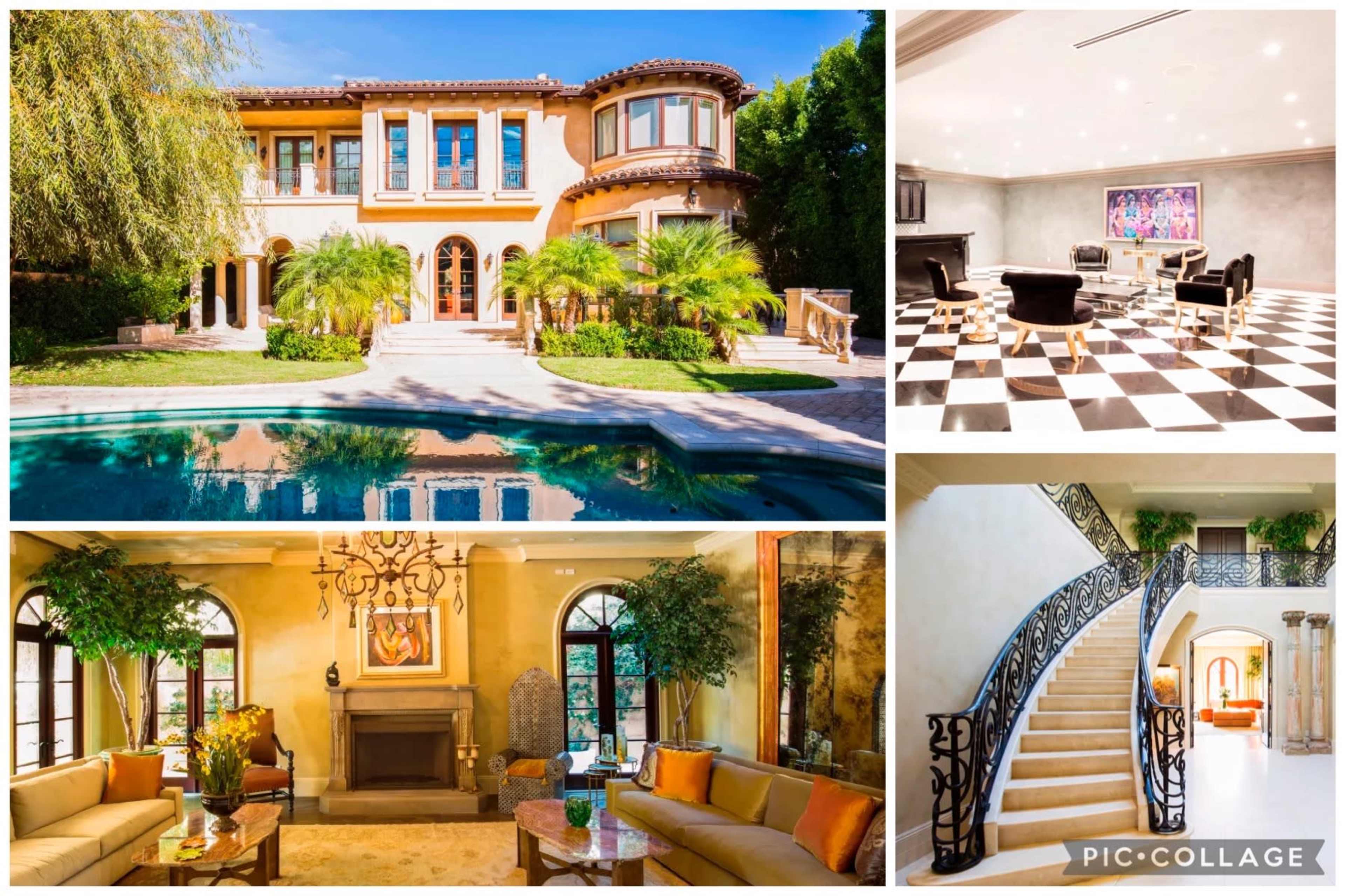 A luxurious house featuring an exterior poolside area, a formal dining space with a colorful artwork, an elegant living room with a fireplace, and a grand staircase with wrought-iron railings.