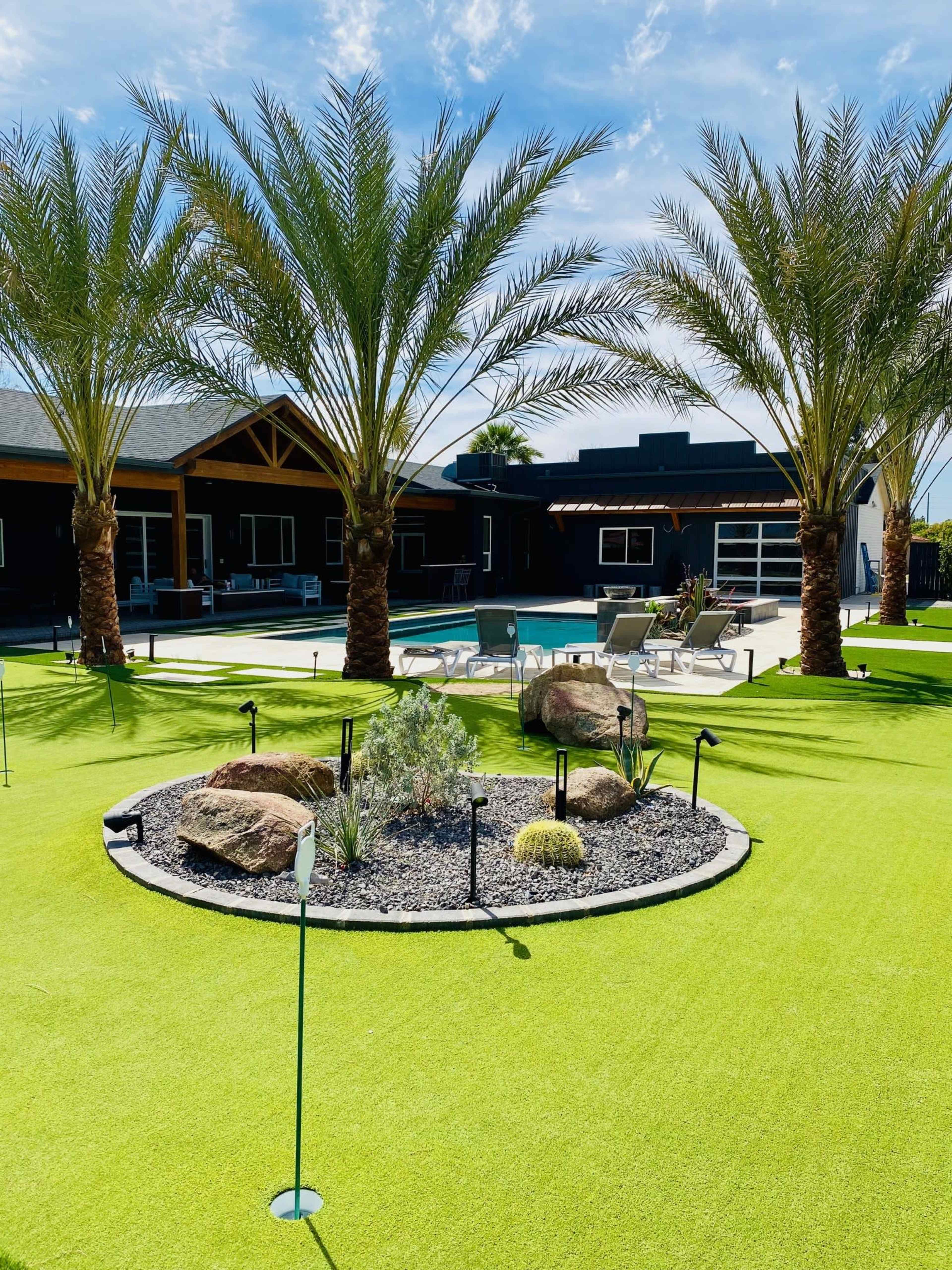 The image shows a landscaped backyard with palm trees, a pool, and a circular garden bed featuring rocks and plants.