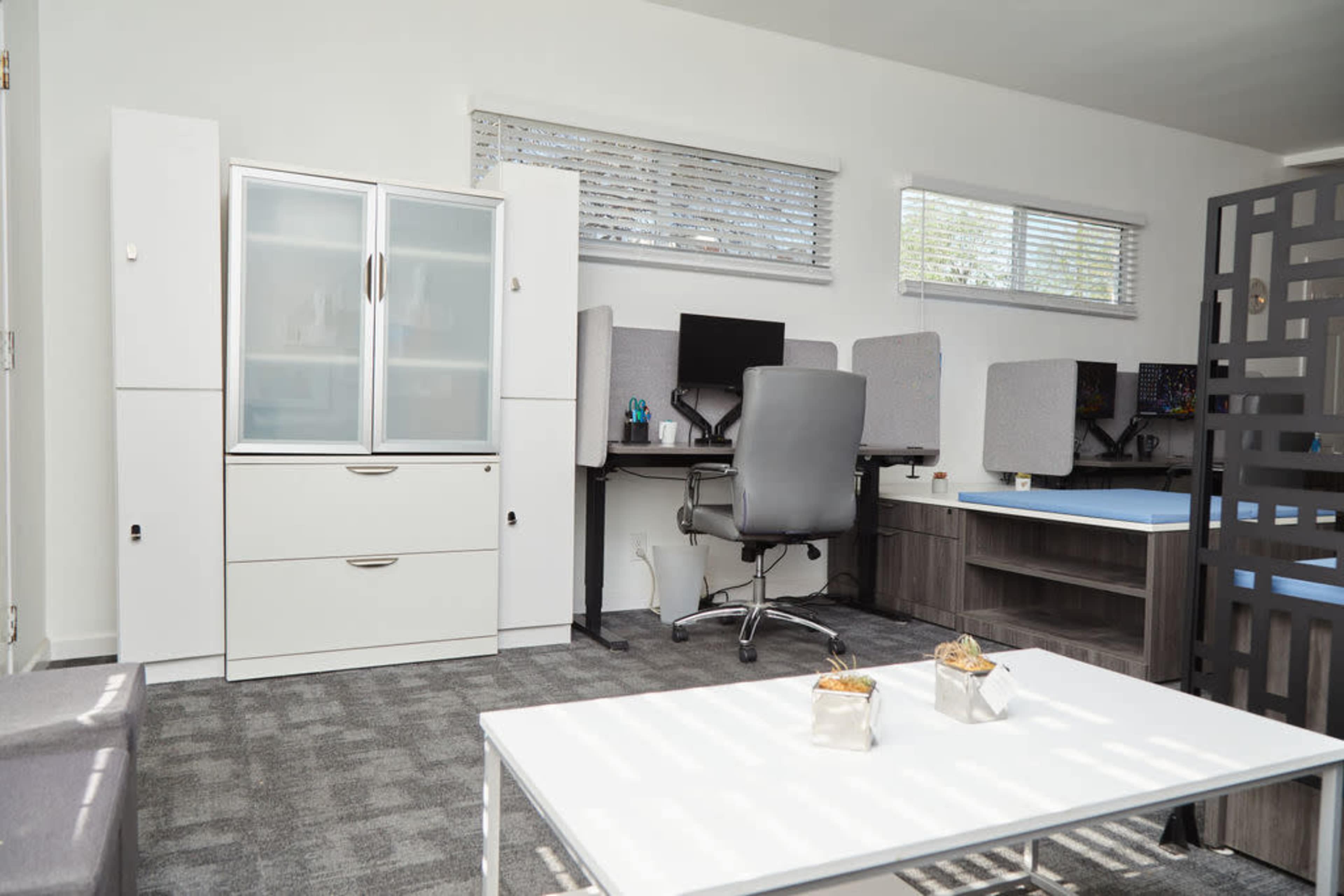 A modern office space with a desk, ergonomic chair, storage cabinet, and two small containers on a coffee table.