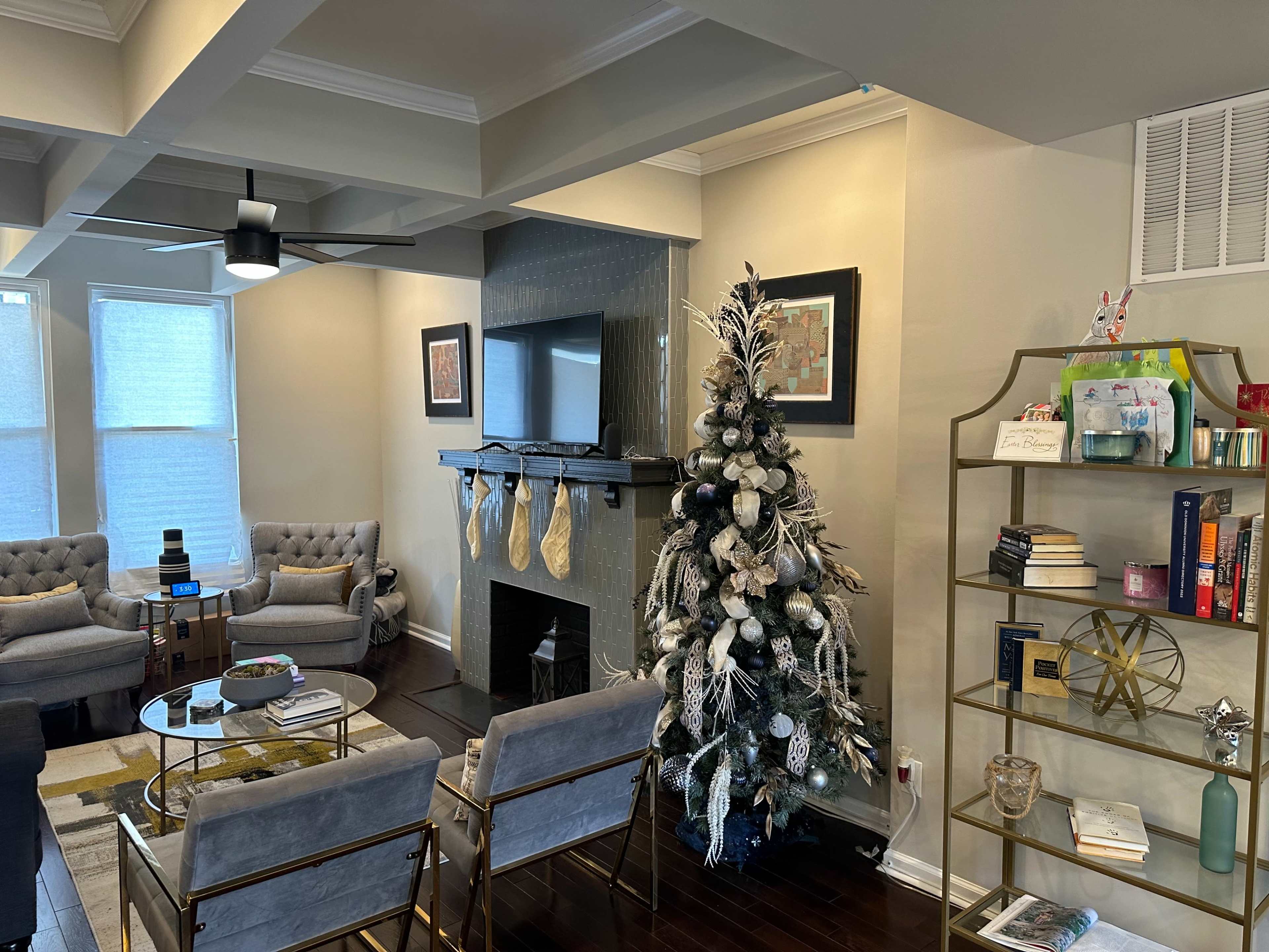 A living room with a decorated Christmas tree, a fireplace adorned with stockings, and a bookshelf filled with books and decorative items.