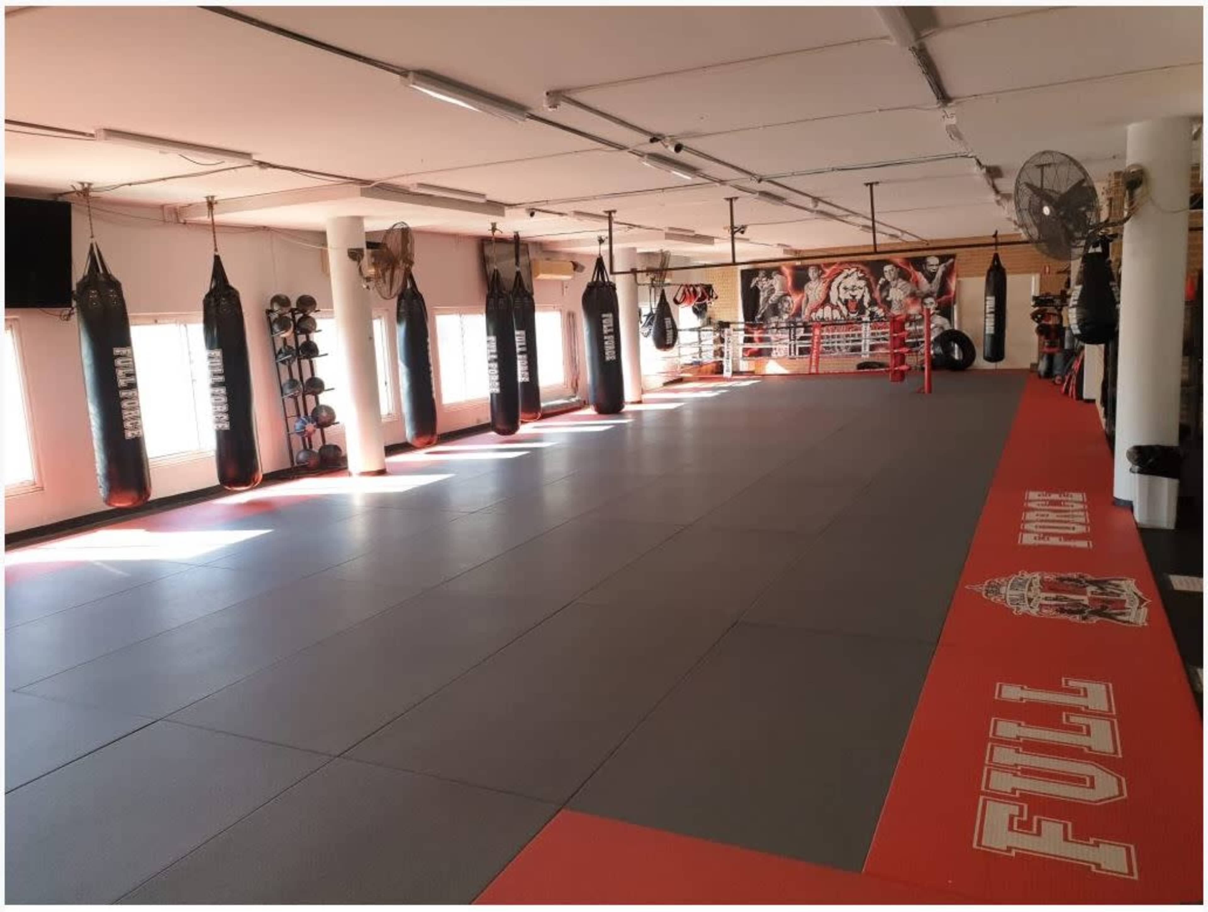 An empty martial arts training gym with gray mats, hanging punching bags, and a red-bordered area marked "FULL."