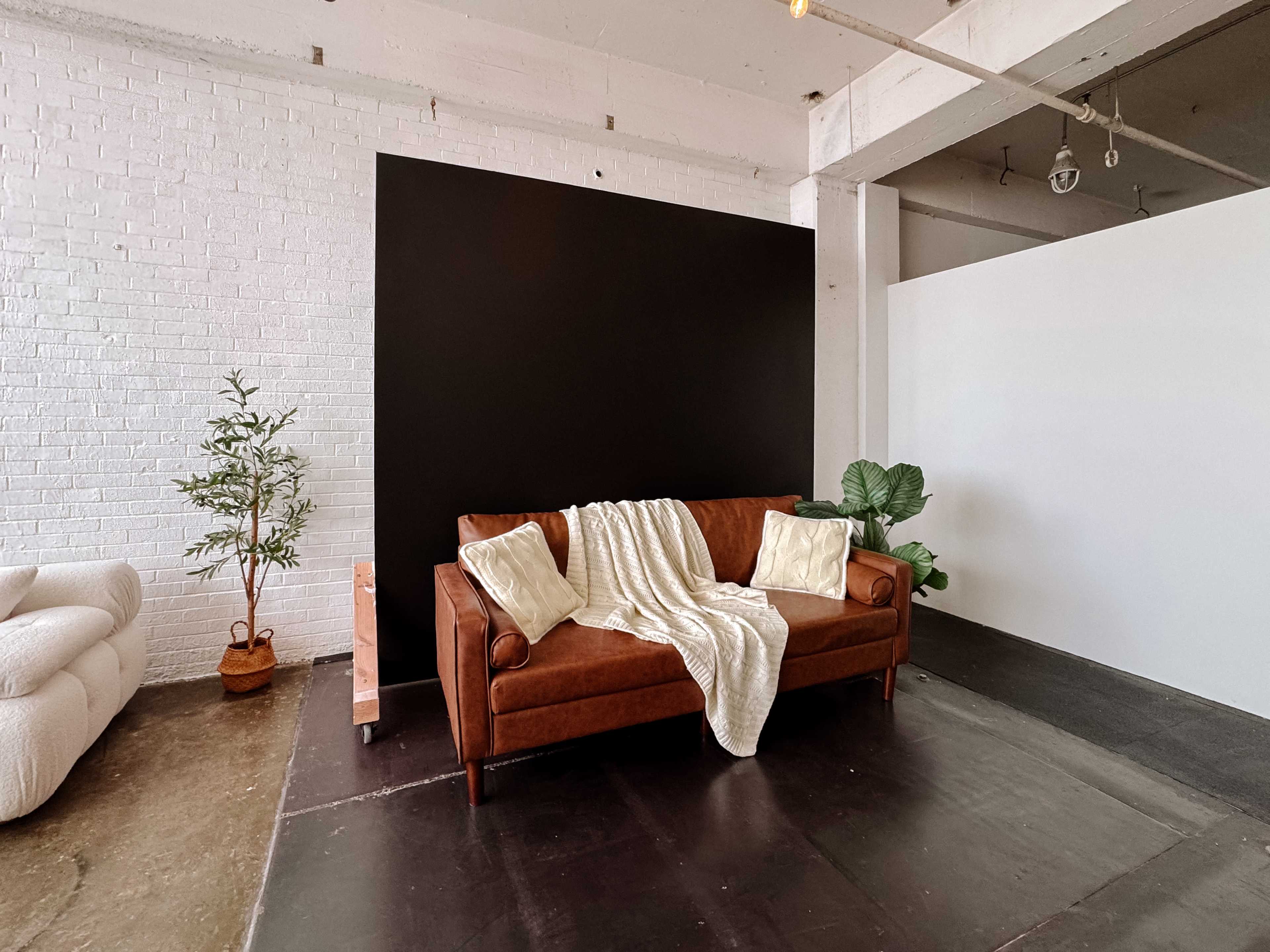 A brown leather sofa with a cream-colored blanket rests against a black accent wall in a minimalist room featuring a potted plant and concrete flooring.