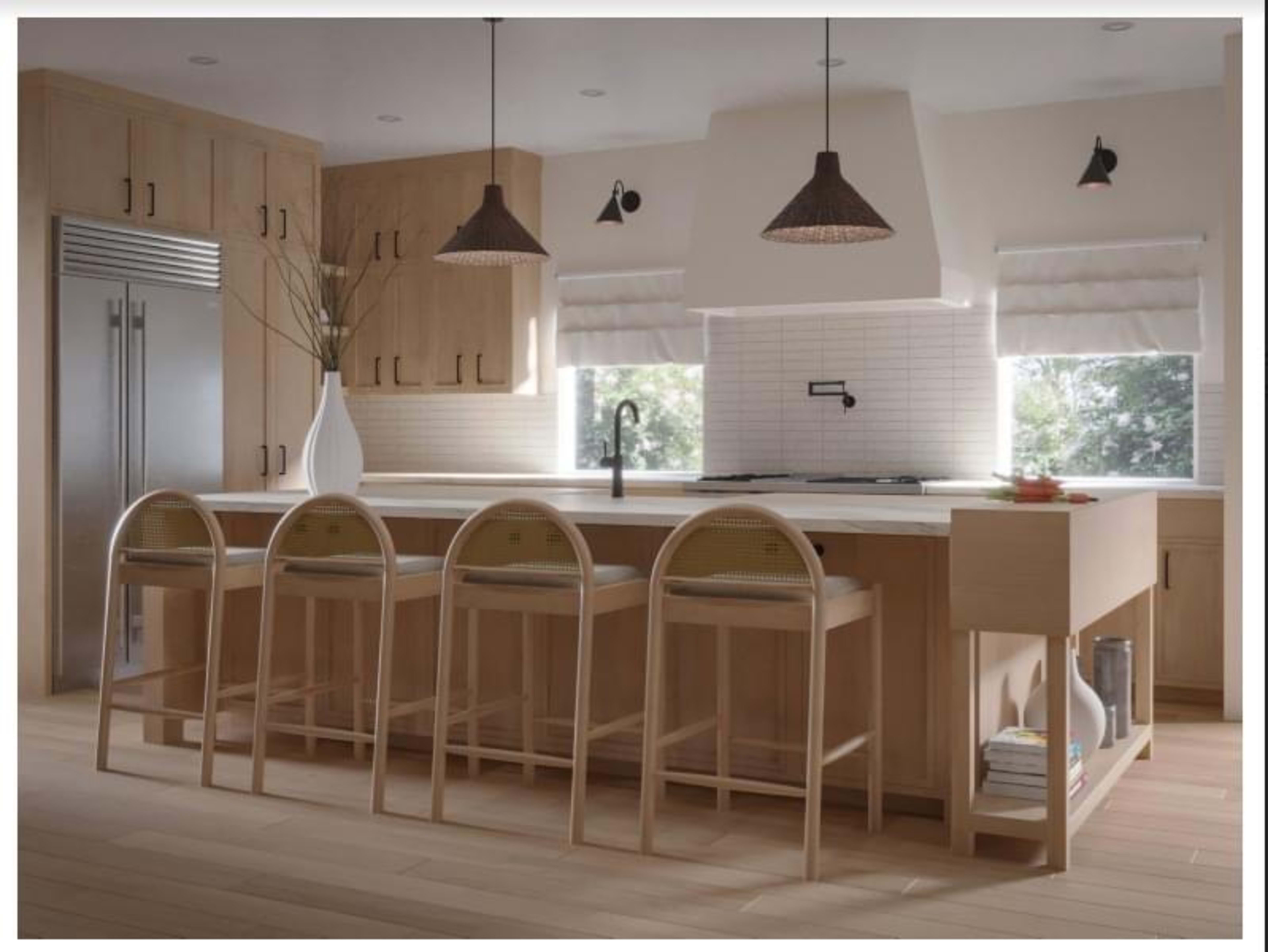A modern kitchen featuring wooden cabinetry, a central island with four bar stools, and pendant lighting above.