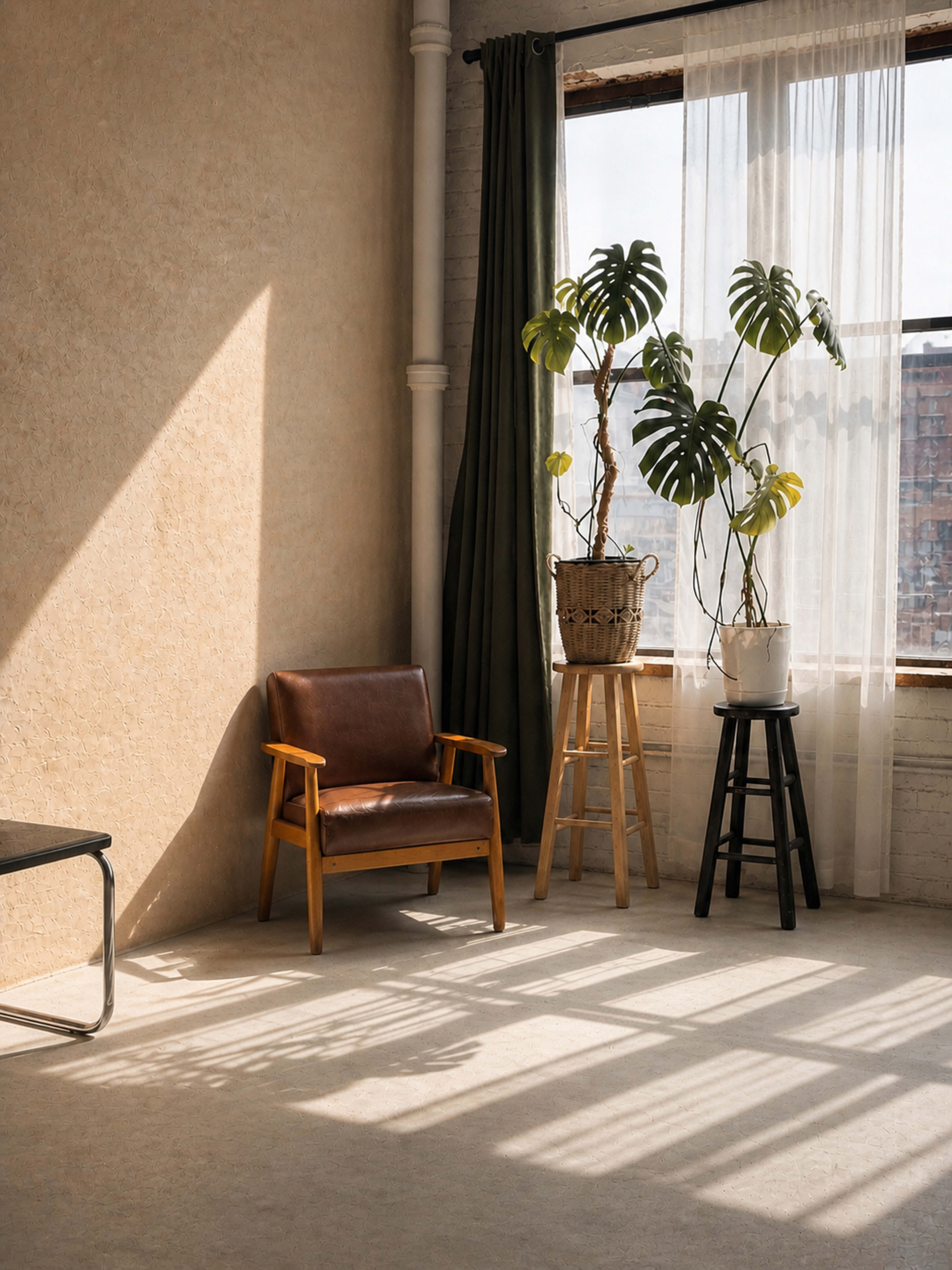 A brown leather chair is positioned next to two tall stools, one holding a potted plant, in a sunlit corner of a room with textured walls and large windows.