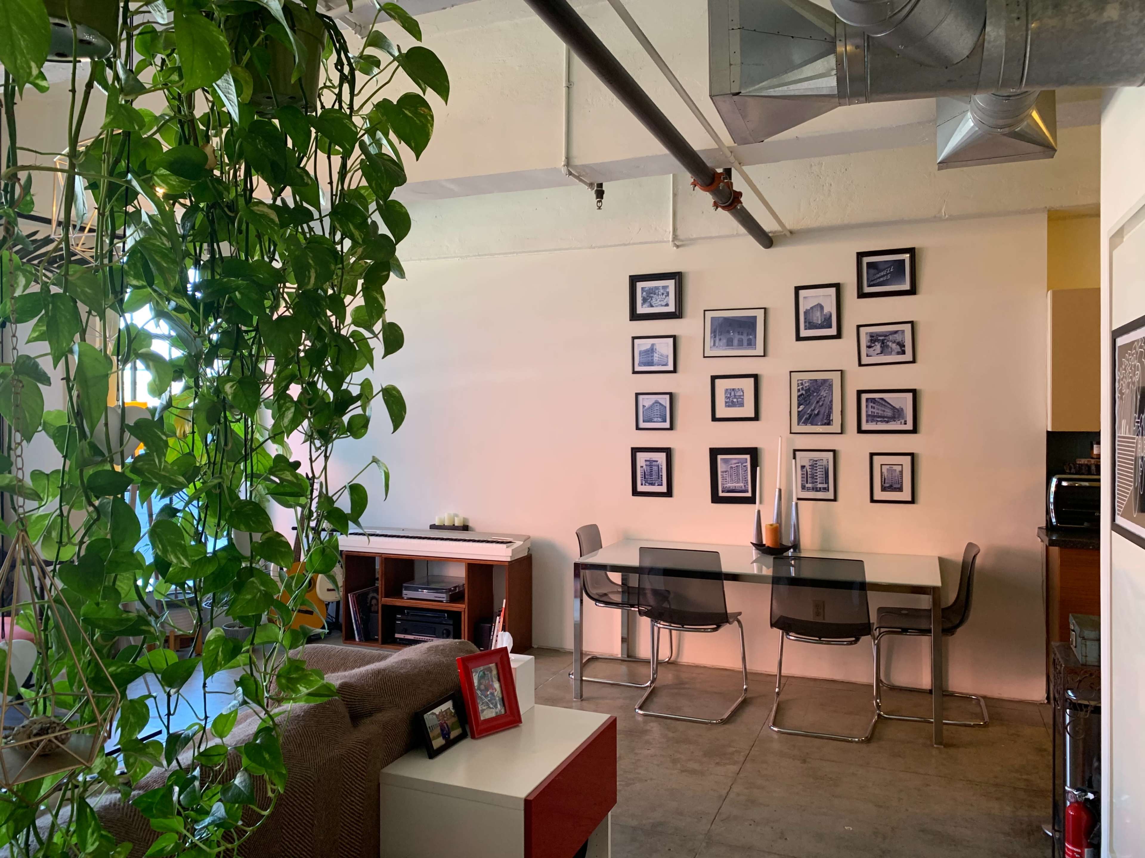 A living space features a green plant hanging from the ceiling, a brown sofa, a glass dining table with chairs, and a wall adorned with framed black and white photos.