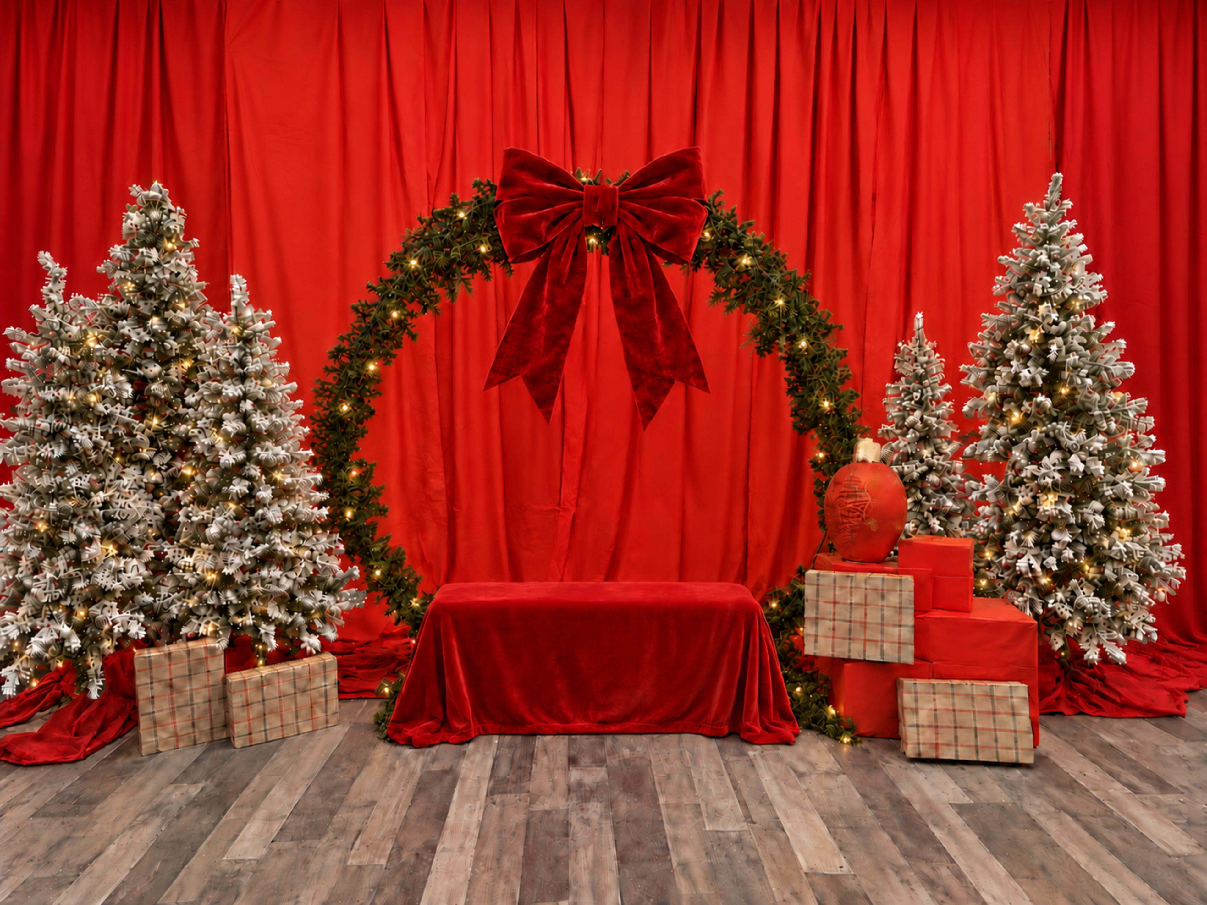 The image shows a festive setting with a red backdrop, a large bow in the center, two decorated Christmas trees on either side, and neatly arranged presents on the floor.