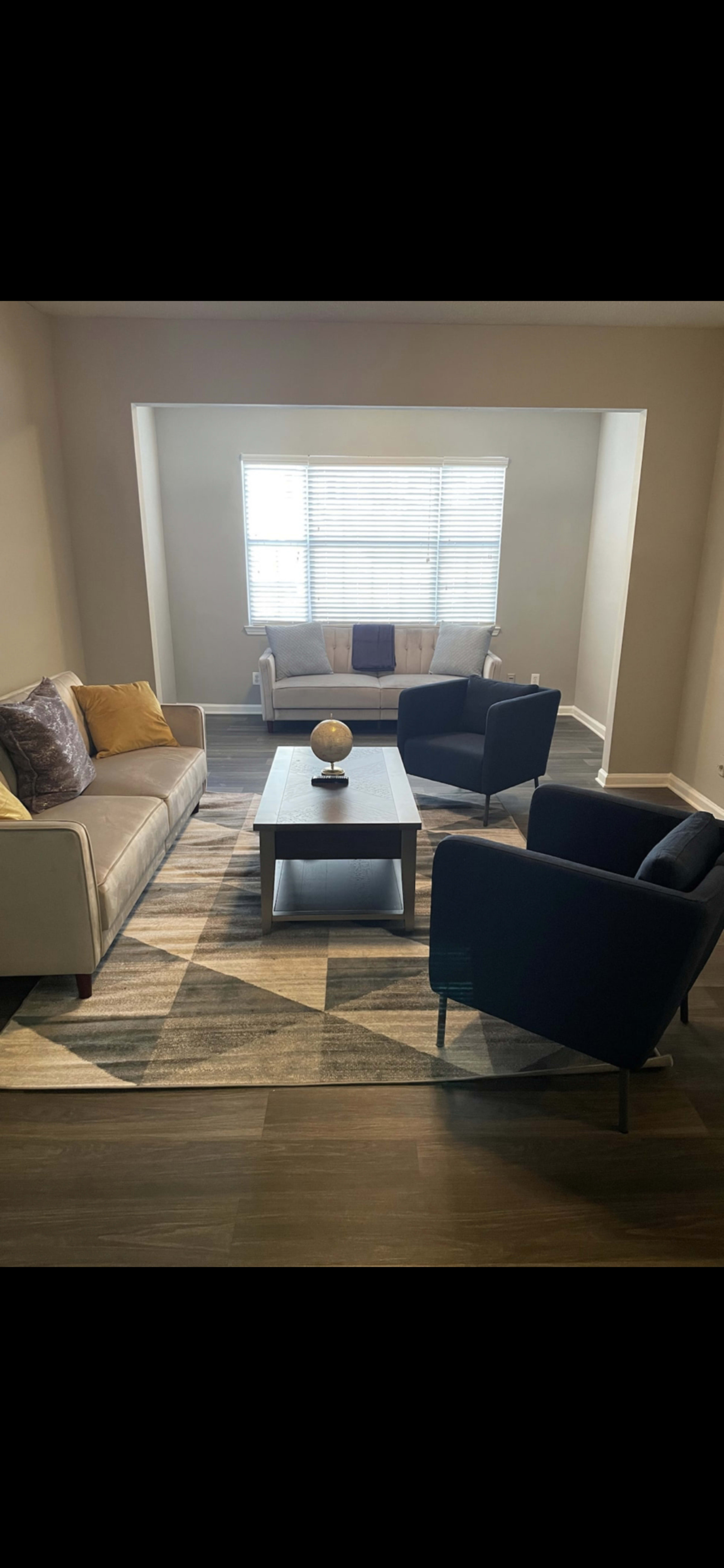 A living room features a gray sofa, two black chairs, a coffee table, and a patterned rug beneath a window with blinds.
