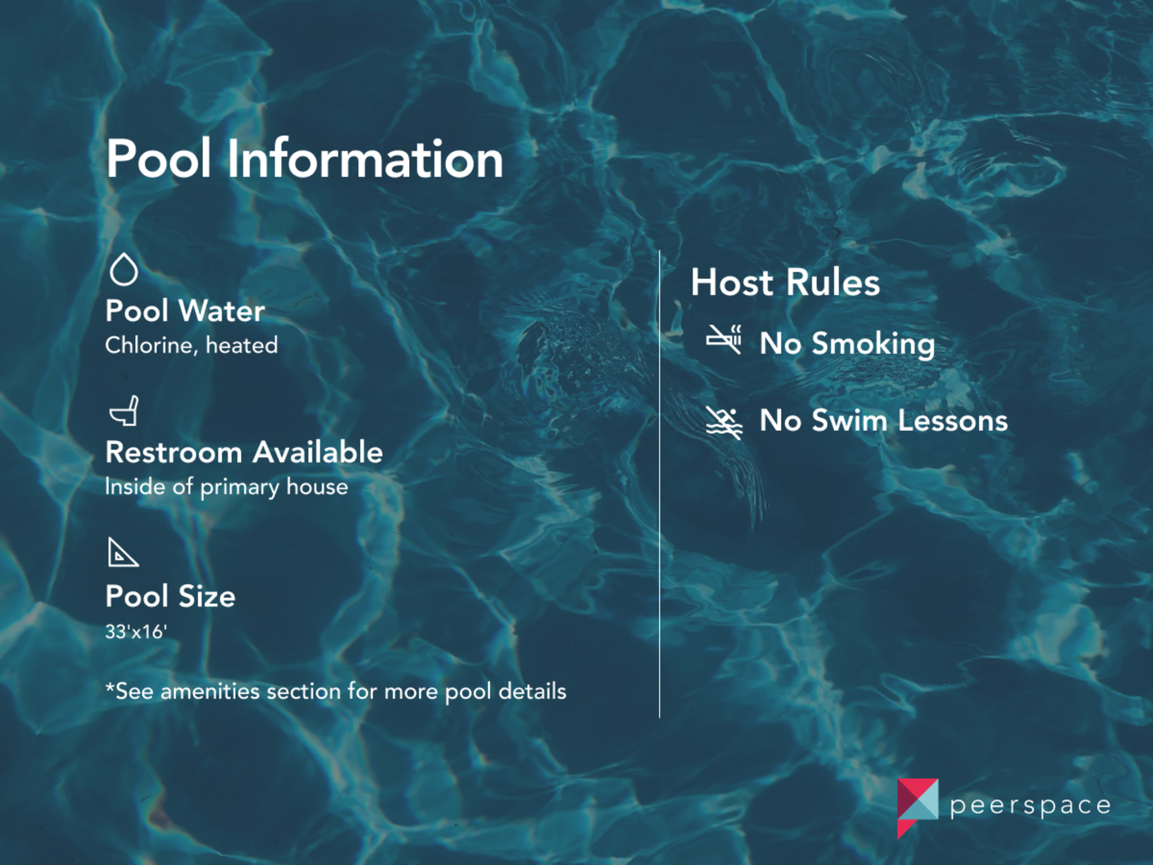 Information about a pool, including details on water type, restroom availability, pool size, and host rules.
