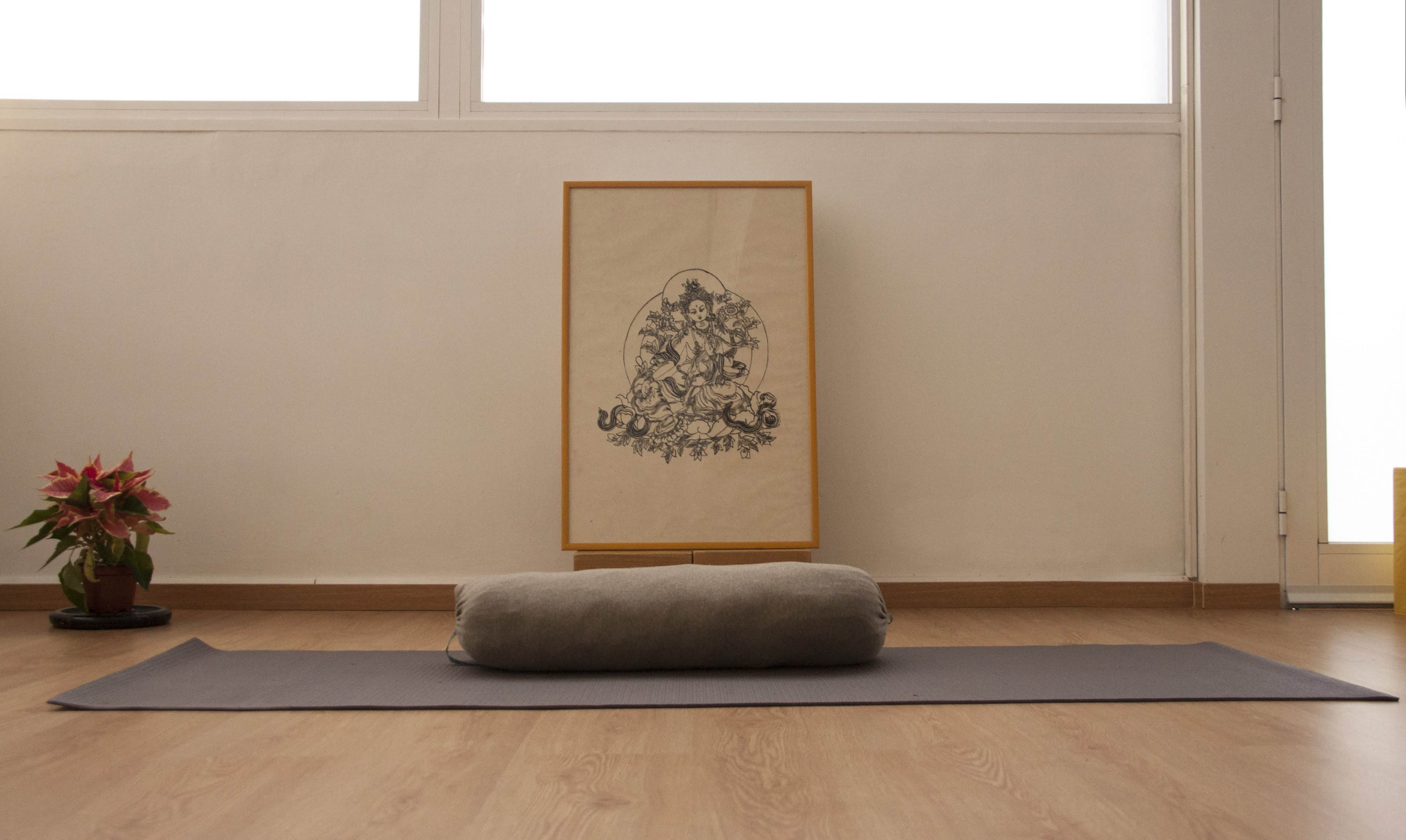 A yoga mat is placed on a wooden floor in a room with a framed artwork of a deity and a potted plant nearby.